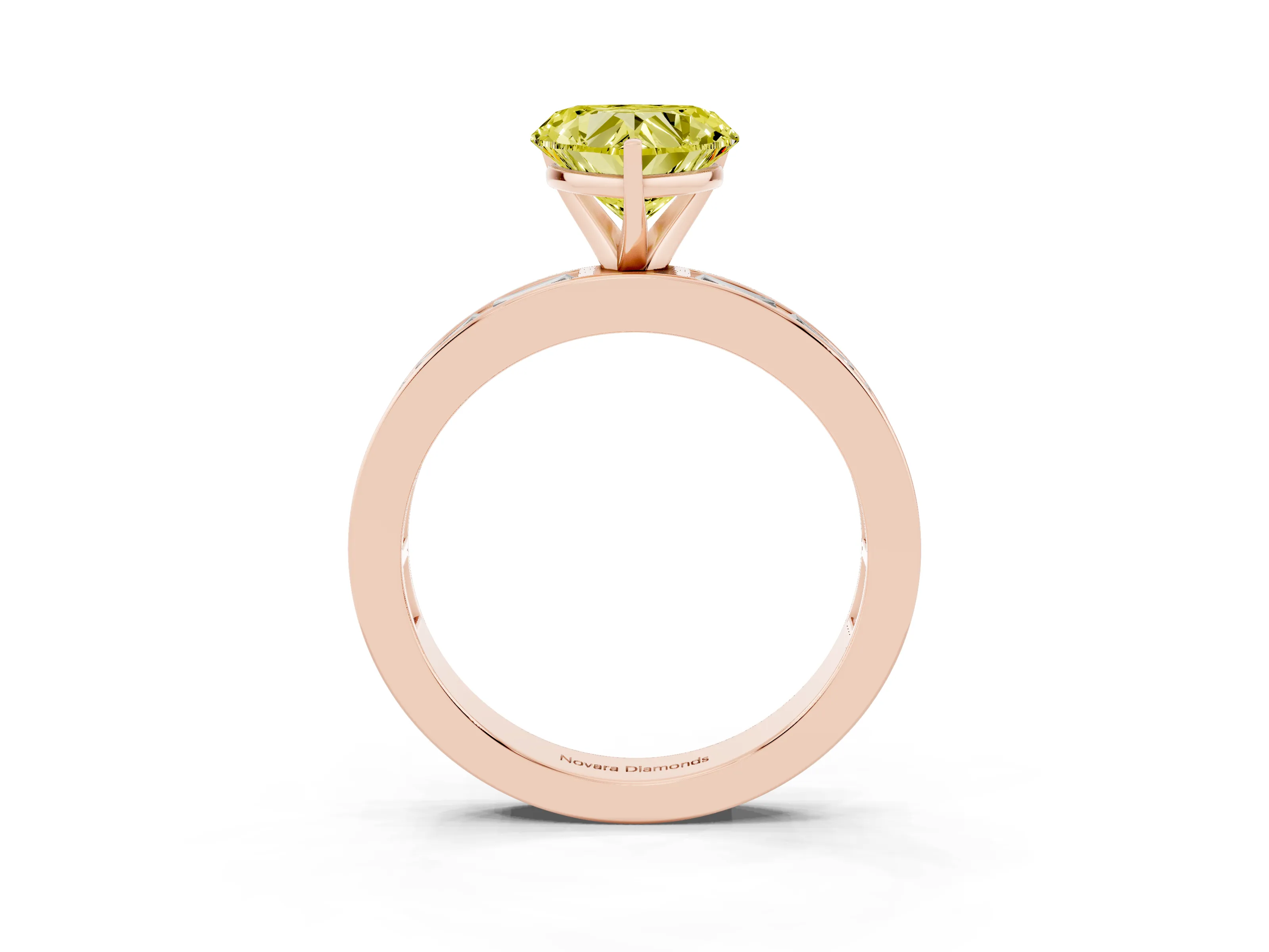 Fancy Yellow Heart Cut Diamond Solitaire Ring Set in Rose gold with Channel-Set Baguette Band and Prong Setting