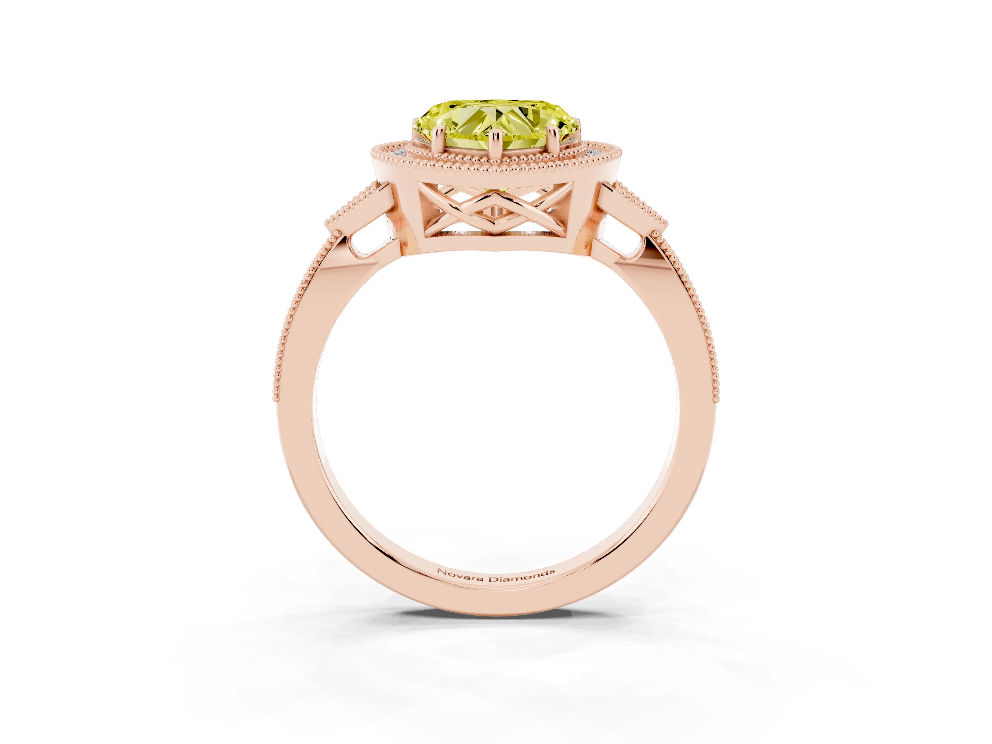 Fancy Yellow Heart Cut Diamond Halo Engagement Ring Set in Rose gold with Milgrain Pavé Band