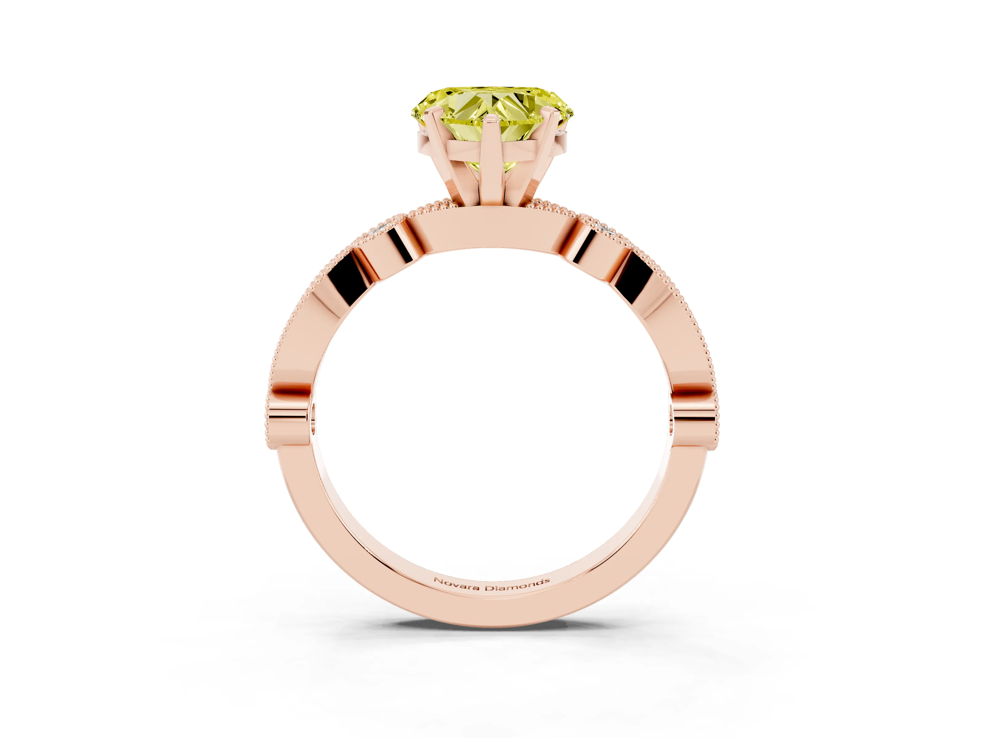 Fancy Yellow Heart Cut Diamond Solitaire Engagement Ring Set in Rose gold with Milgrain Bezel Accent Band