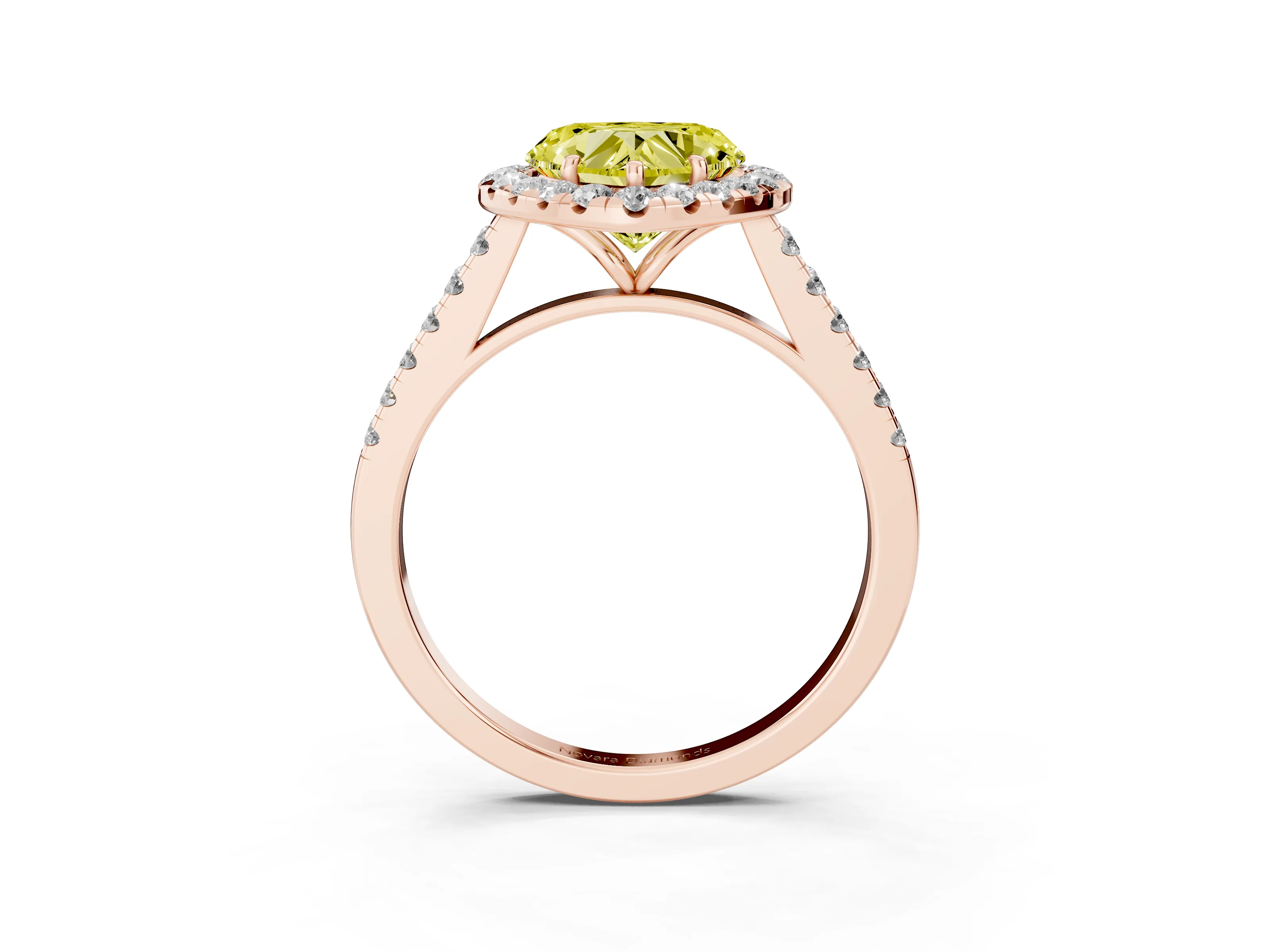 Fancy Yellow Heart Cut Diamond Halo Pavé Engagement Ring Set in Rose gold with Prong Setting