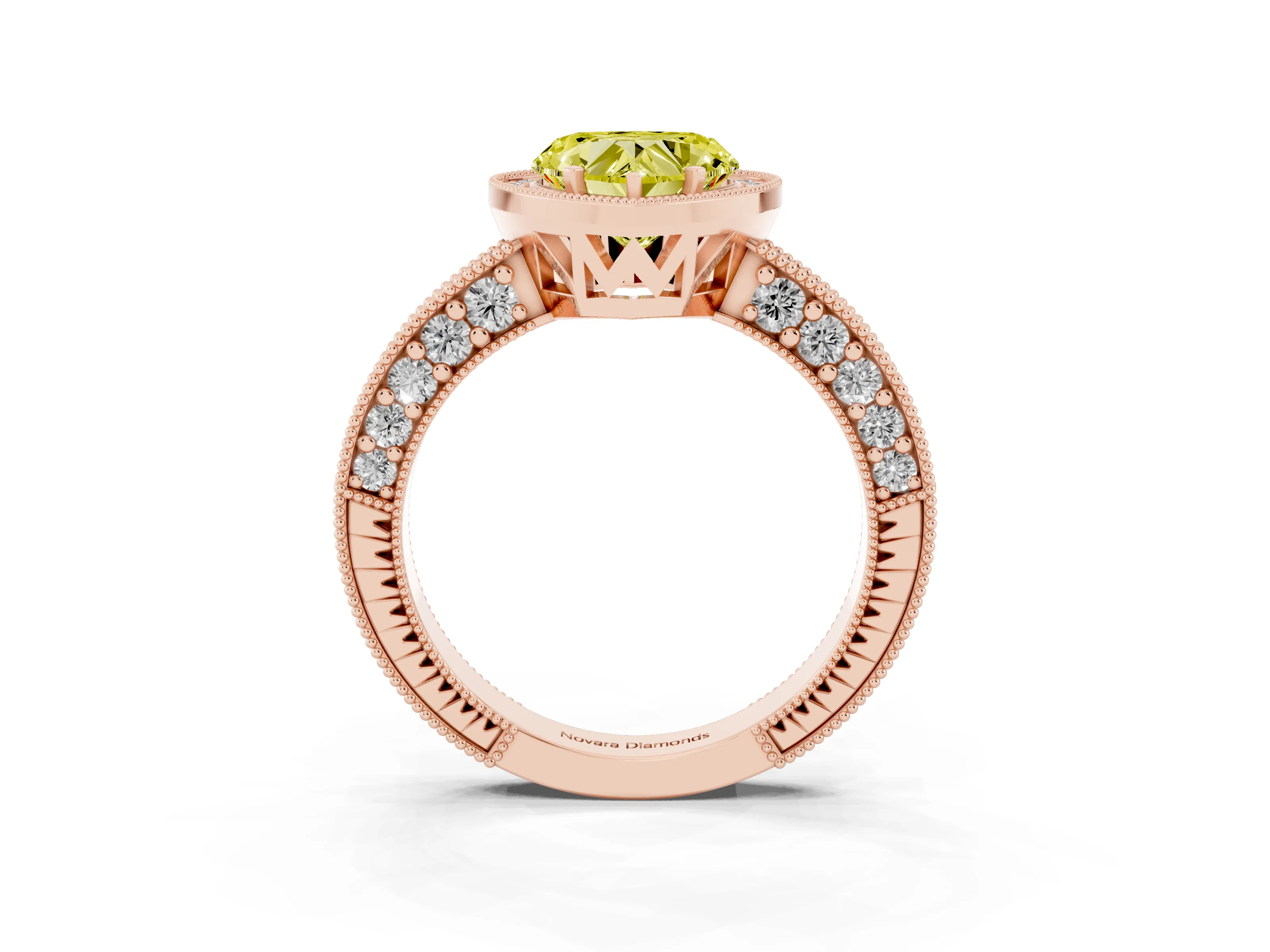 Fancy Yellow Heart Cut Diamond Halo Pavé Band Ring Set in Rose gold with Prong-Set Center