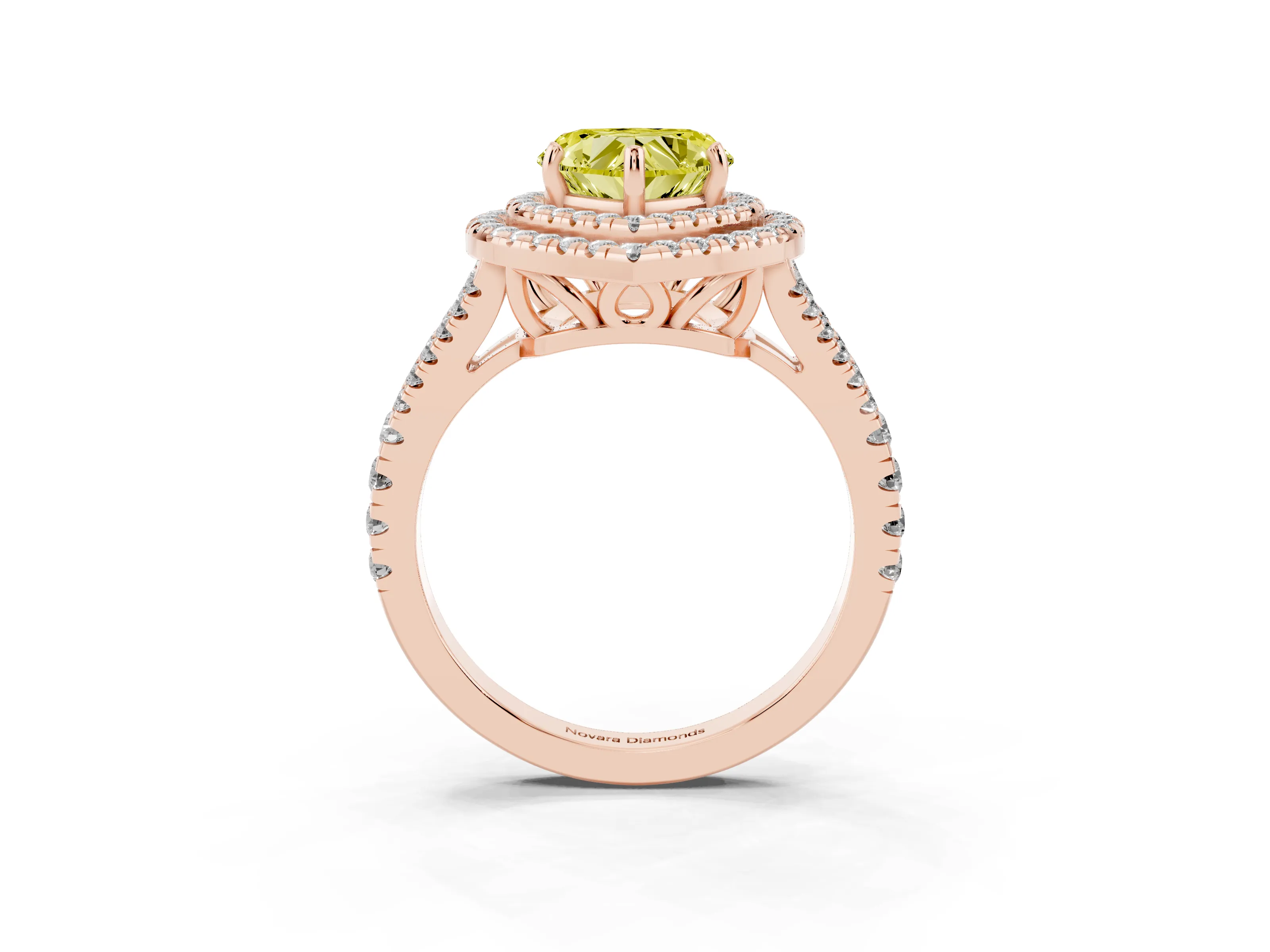 Fancy Yellow Heart Cut Diamond Double Halo Ring Set in Rose gold with Pavé Band