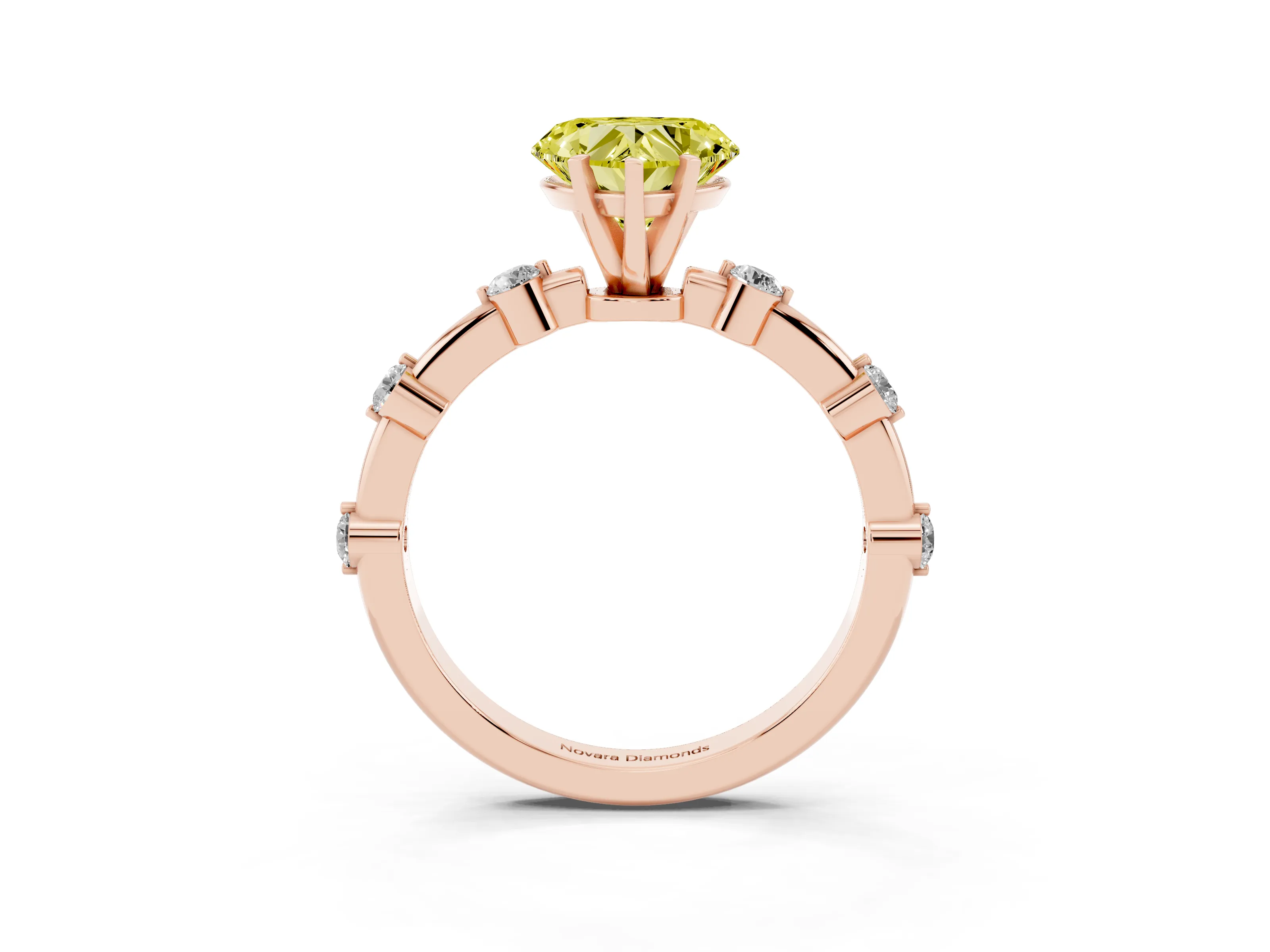 Fancy Yellow Heart Cut Diamond Solitaire Ring Set in Rose gold with Bezel Set Side Stones and Prong Setting