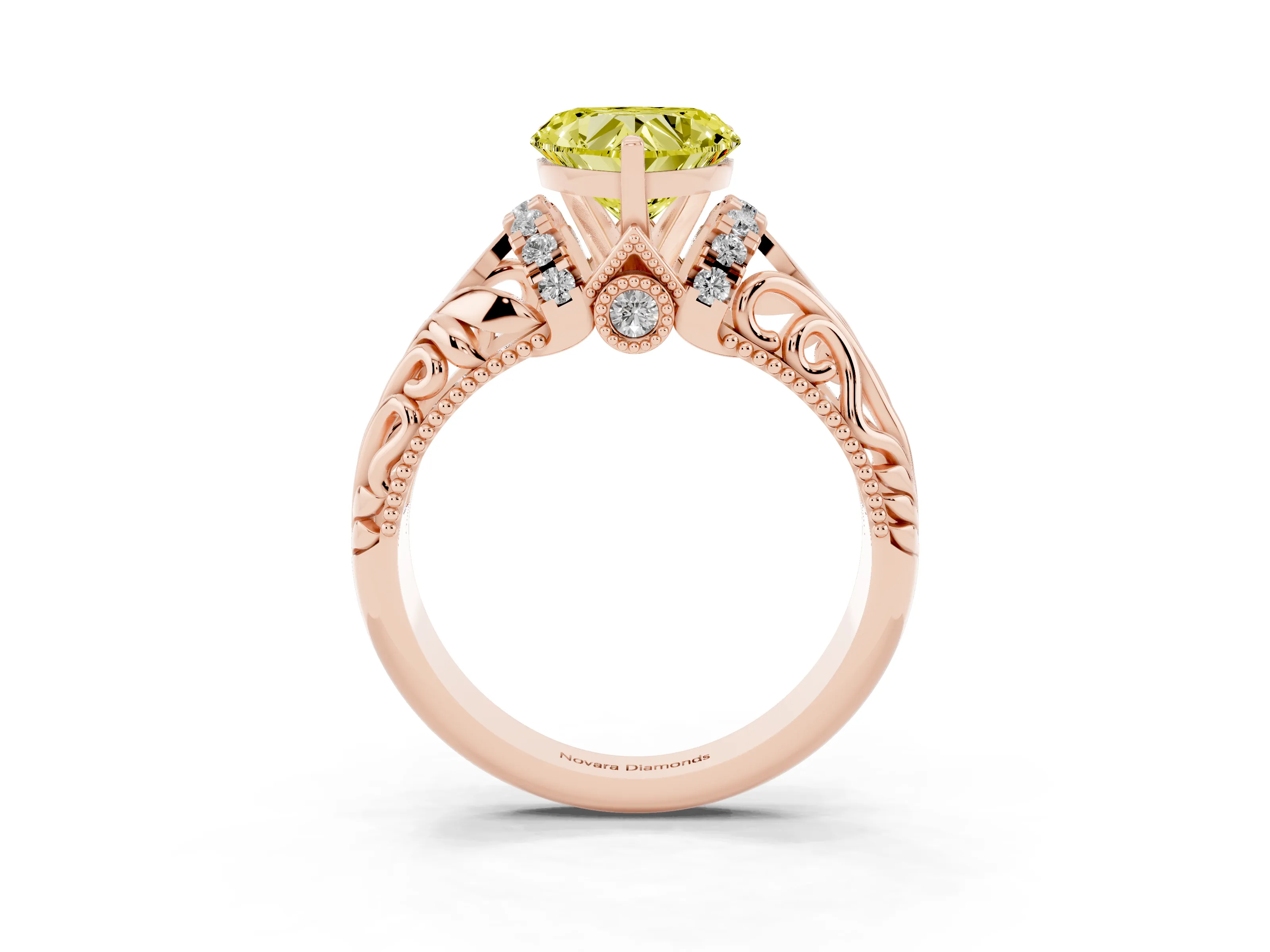 Fancy Yellow Heart Cut Diamond Filigree Halo Engagement Ring Set in Rose gold with Prong Setting