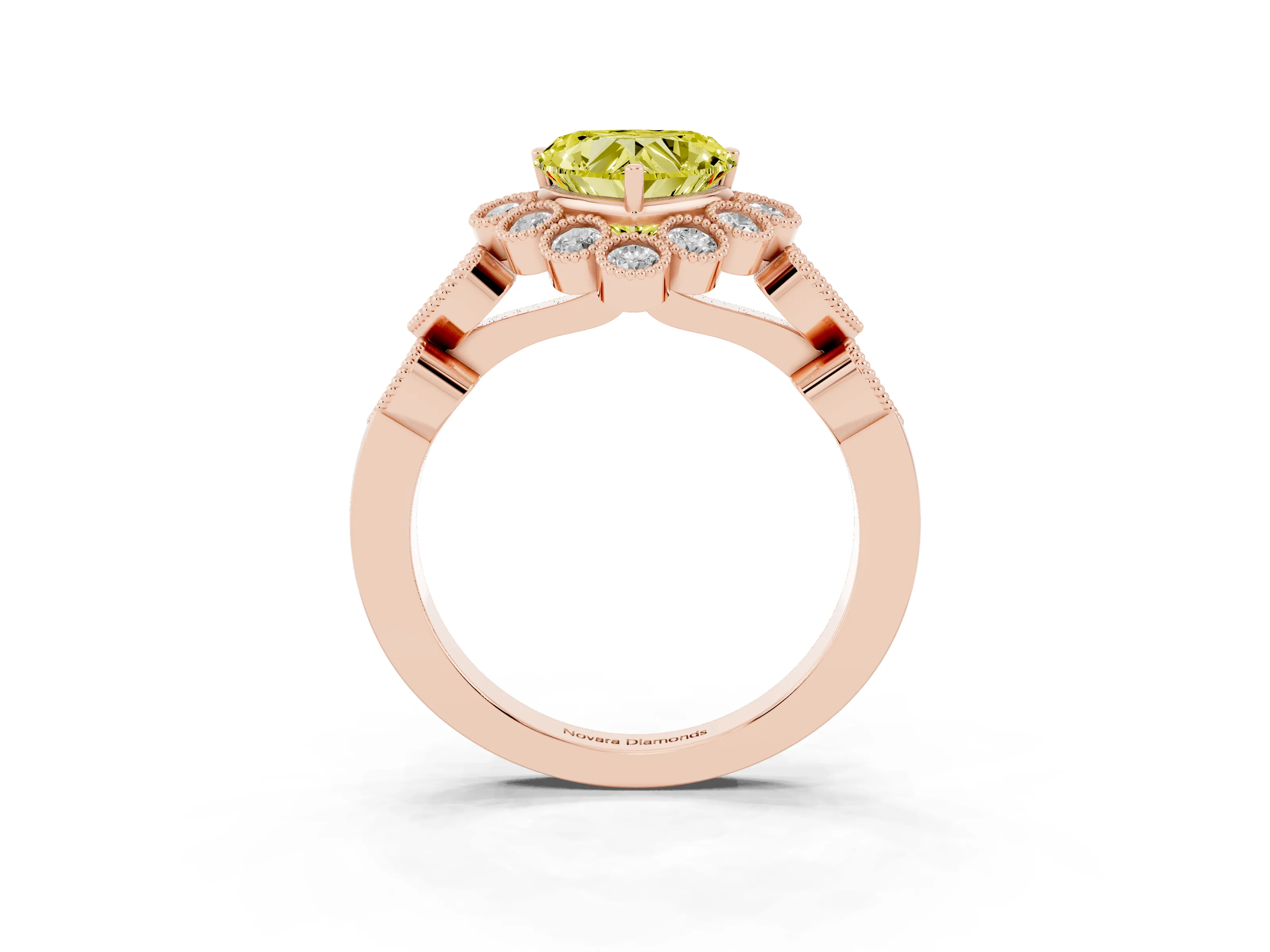 Fancy Yellow Heart Cut Diamond Solitaire Ring Set in Rose gold with Milgrain Pavé Heart Band
