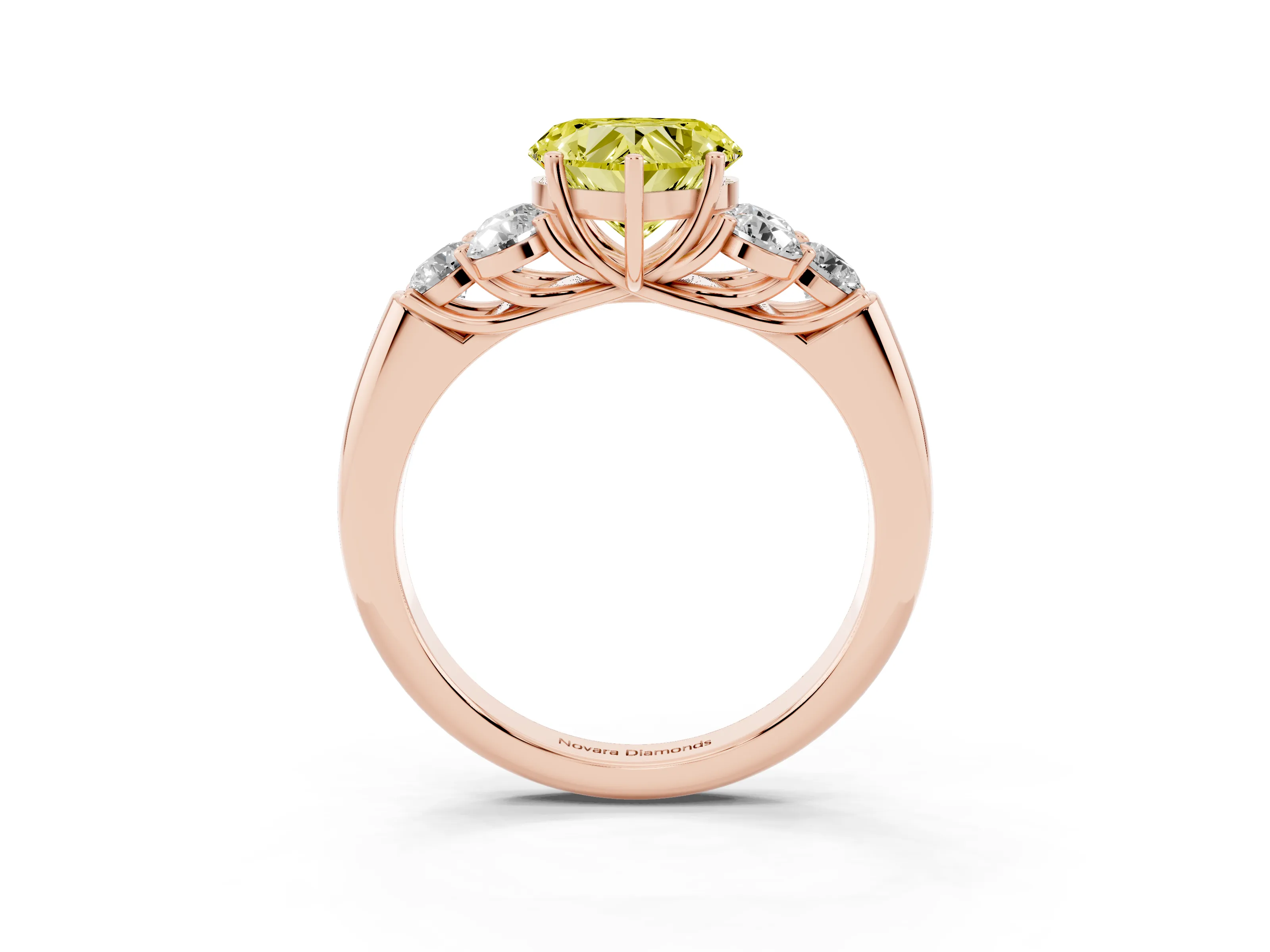 Fancy Yellow Heart Cut Diamond Cluster Ring Set in Rose gold with Round Accent Stones and Prong Setting on a Plain Band