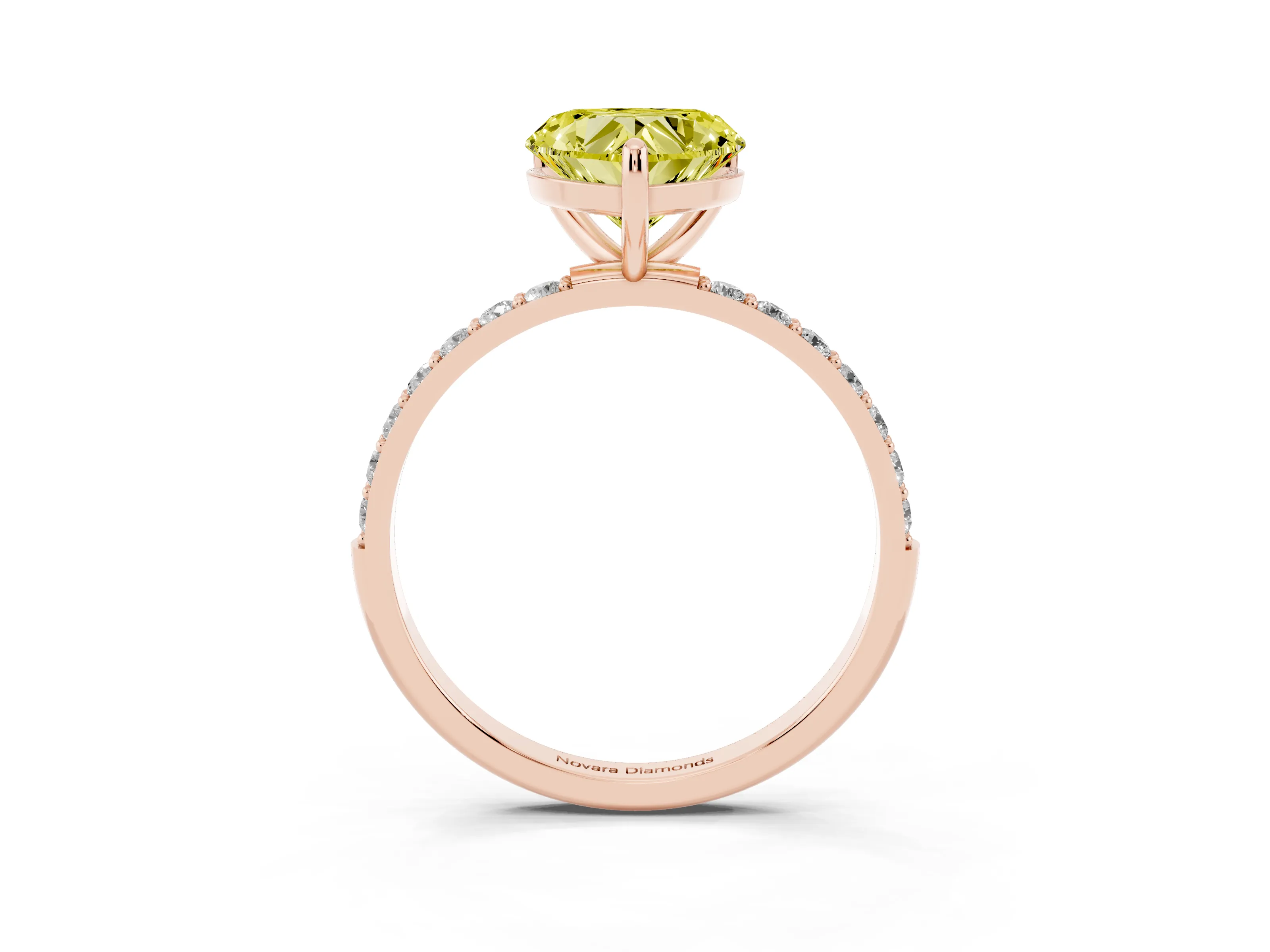 Fancy Yellow Heart Cut Diamond Solitaire Ring Set in Rose gold with Round Pavé Band and Prong Setting