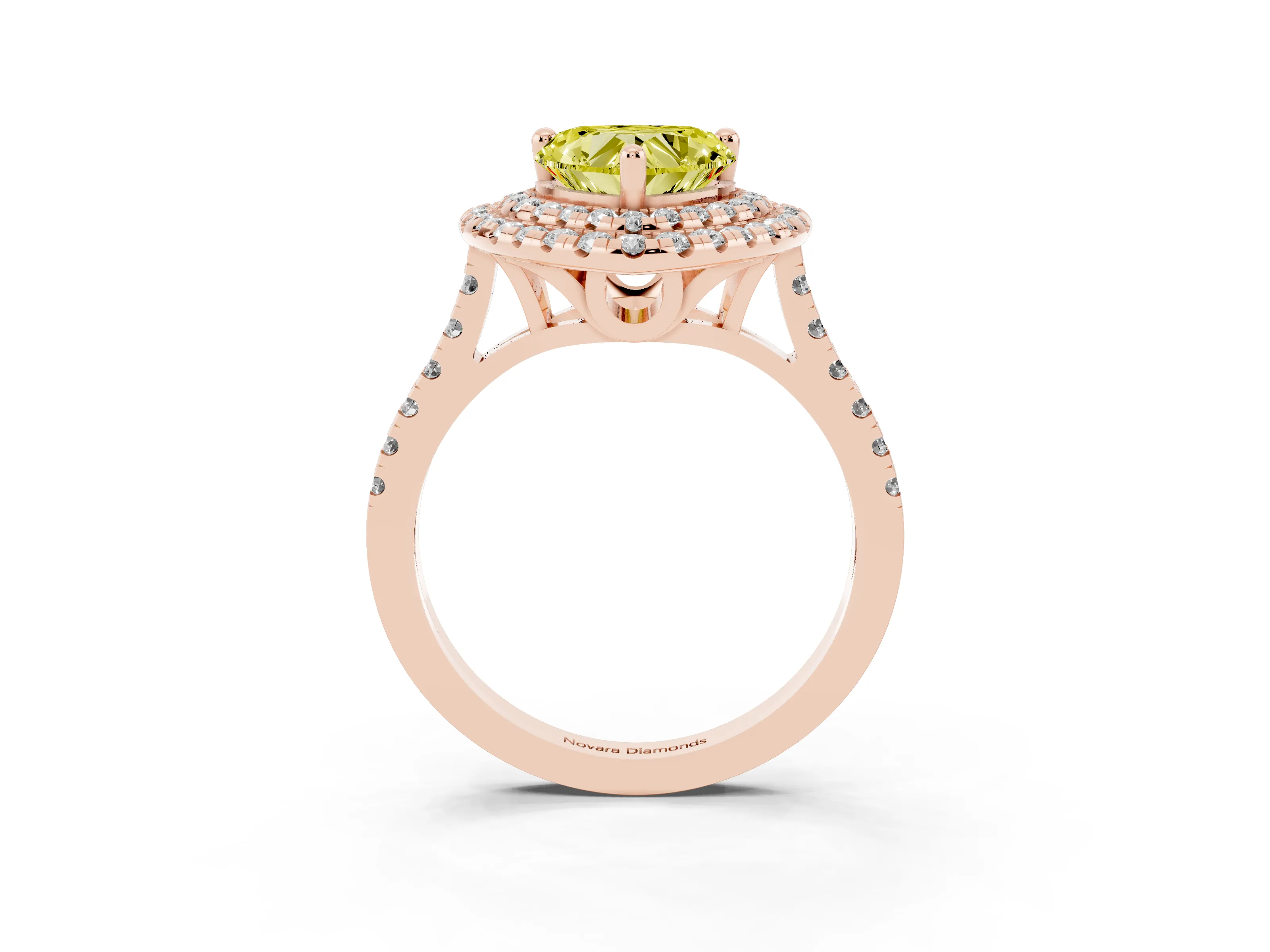 Fancy Yellow Heart Cut Diamond Double Halo Statement Ring Set in Rose gold with Pavé Band