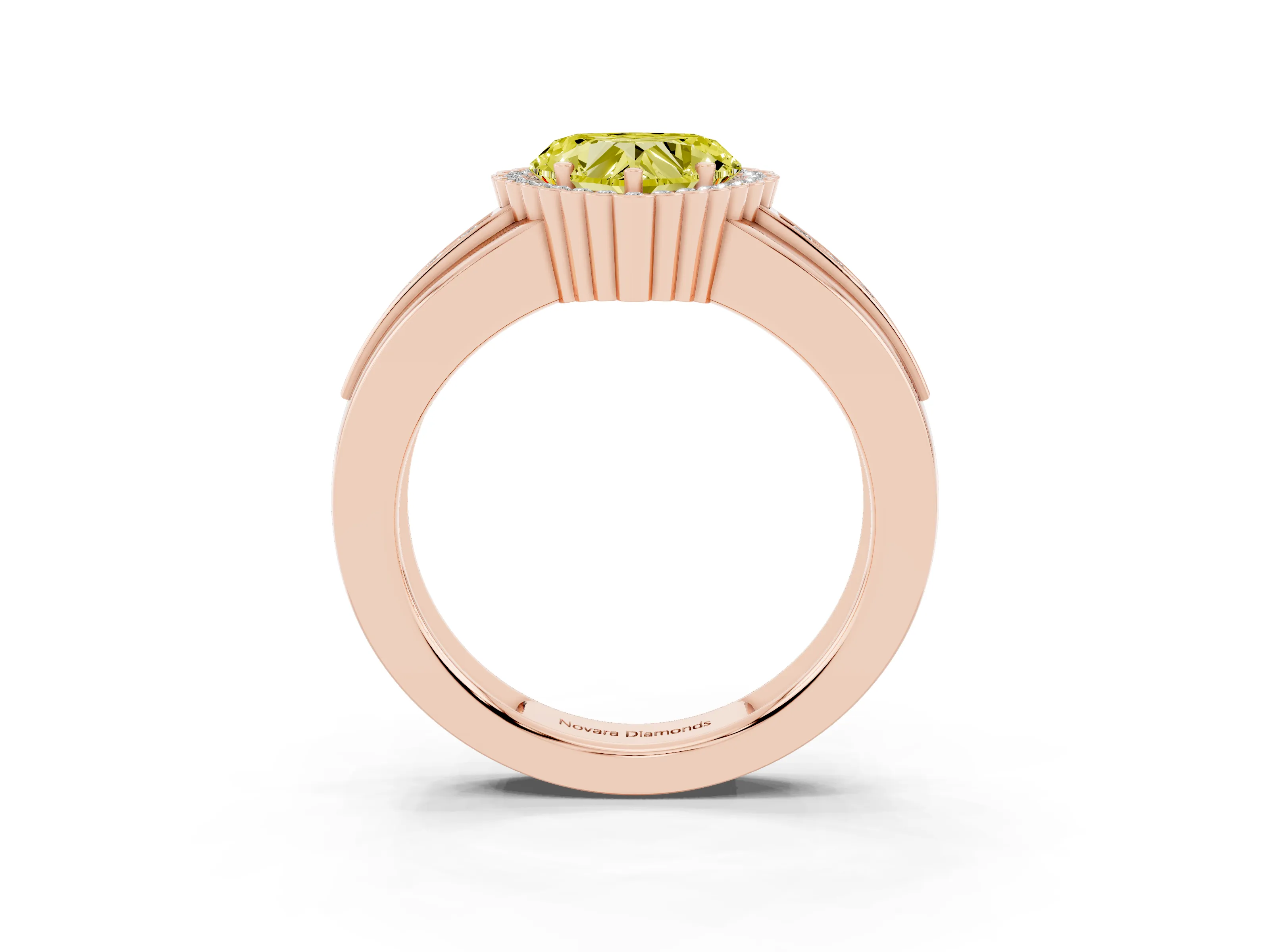 Fancy Yellow Heart Cut Diamond Halo Prong Ring Set in Rose gold with Pavé Band