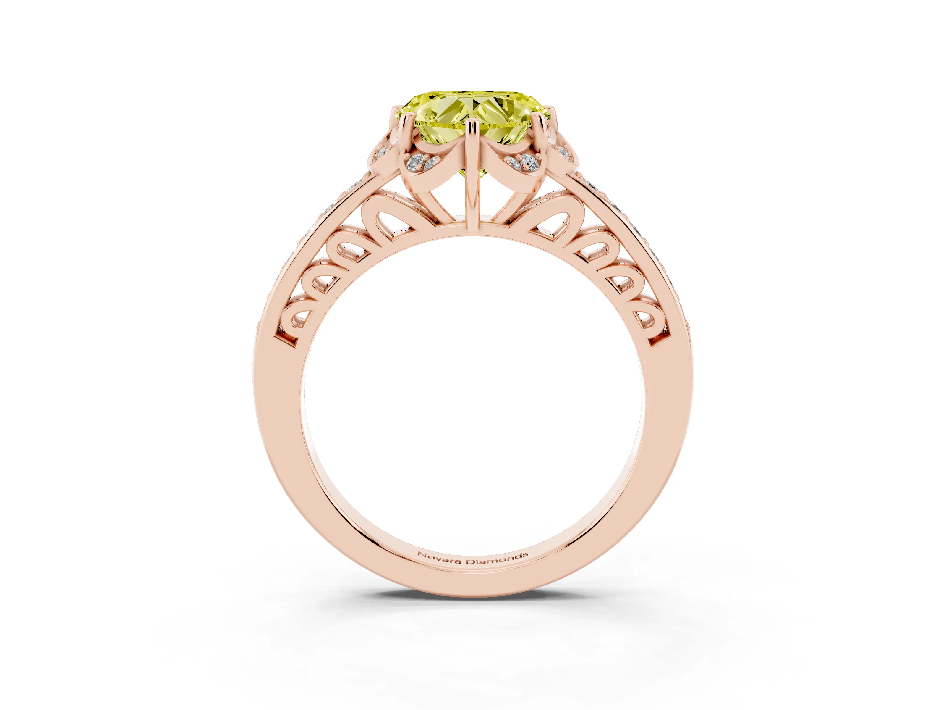Fancy Yellow Heart Cut Diamond Halo Ring Set in Rose gold with Channel Set Band and Prong Setting