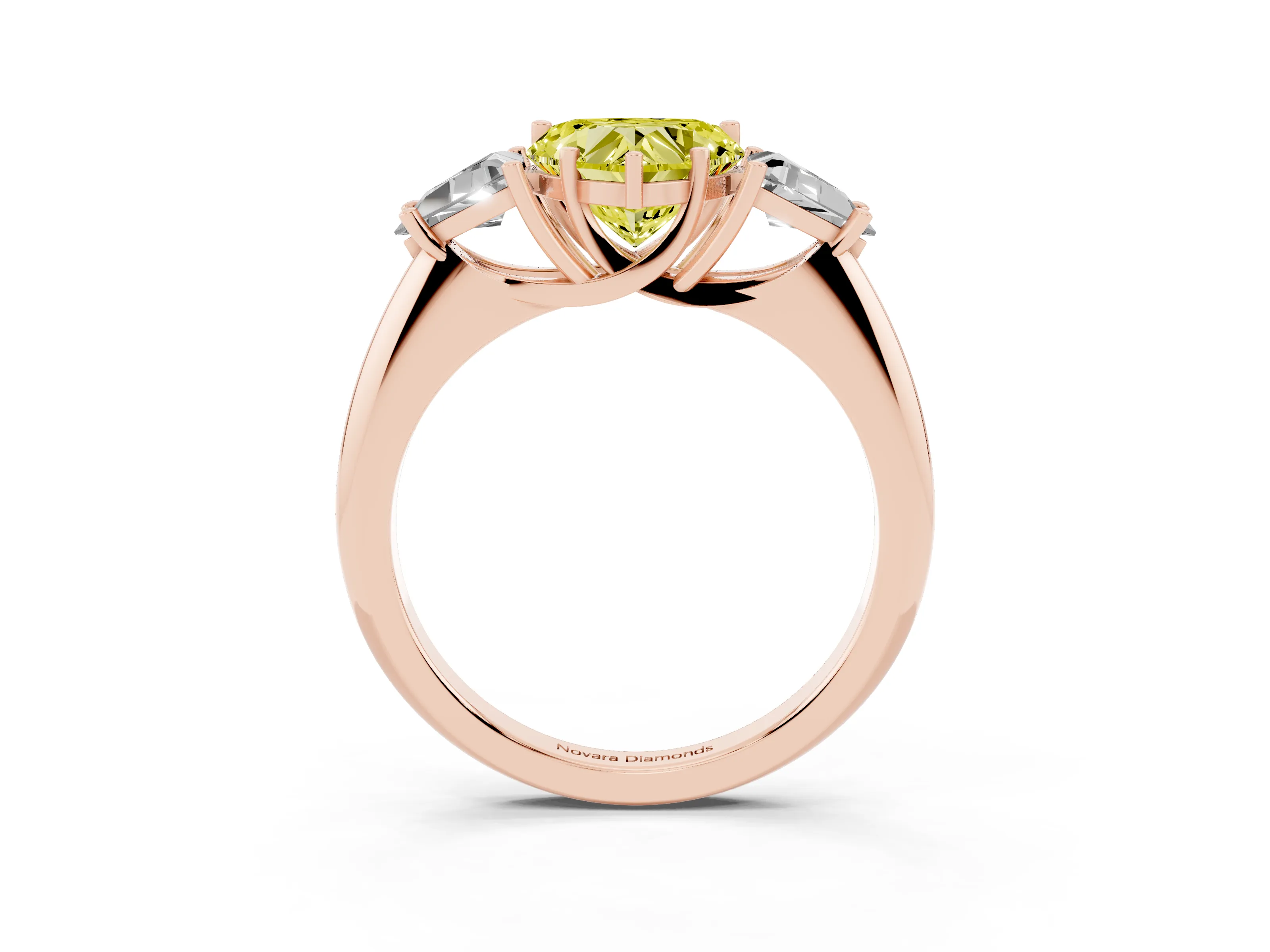 Fancy Yellow Heart Cut Diamond Three-Stone Engagement Ring Set in Rose gold with Trillion Side Stones