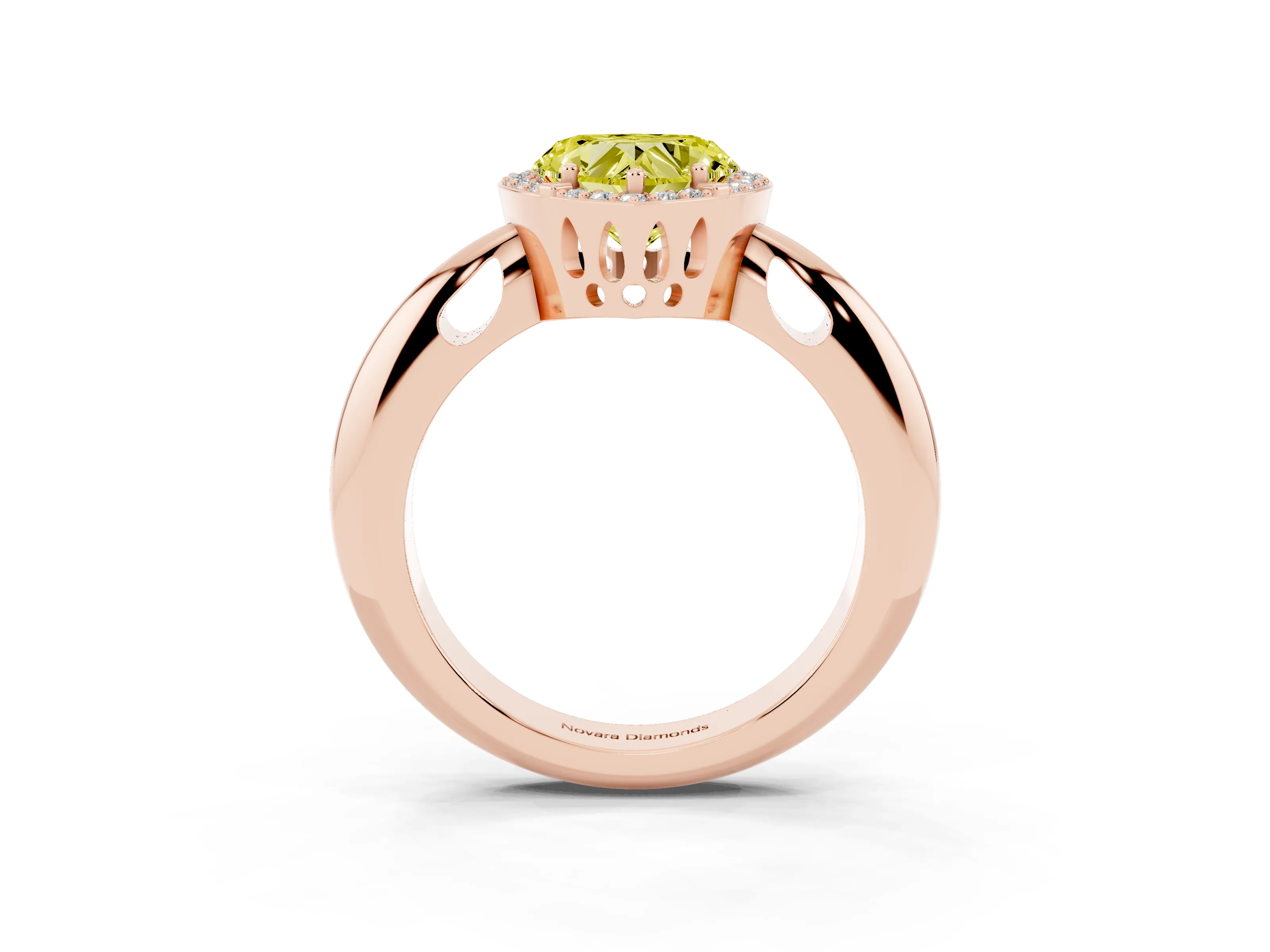 Fancy Yellow Heart Cut Diamond Halo Engagement Ring Set in Rose gold with Plain Split Shank and Prong Setting