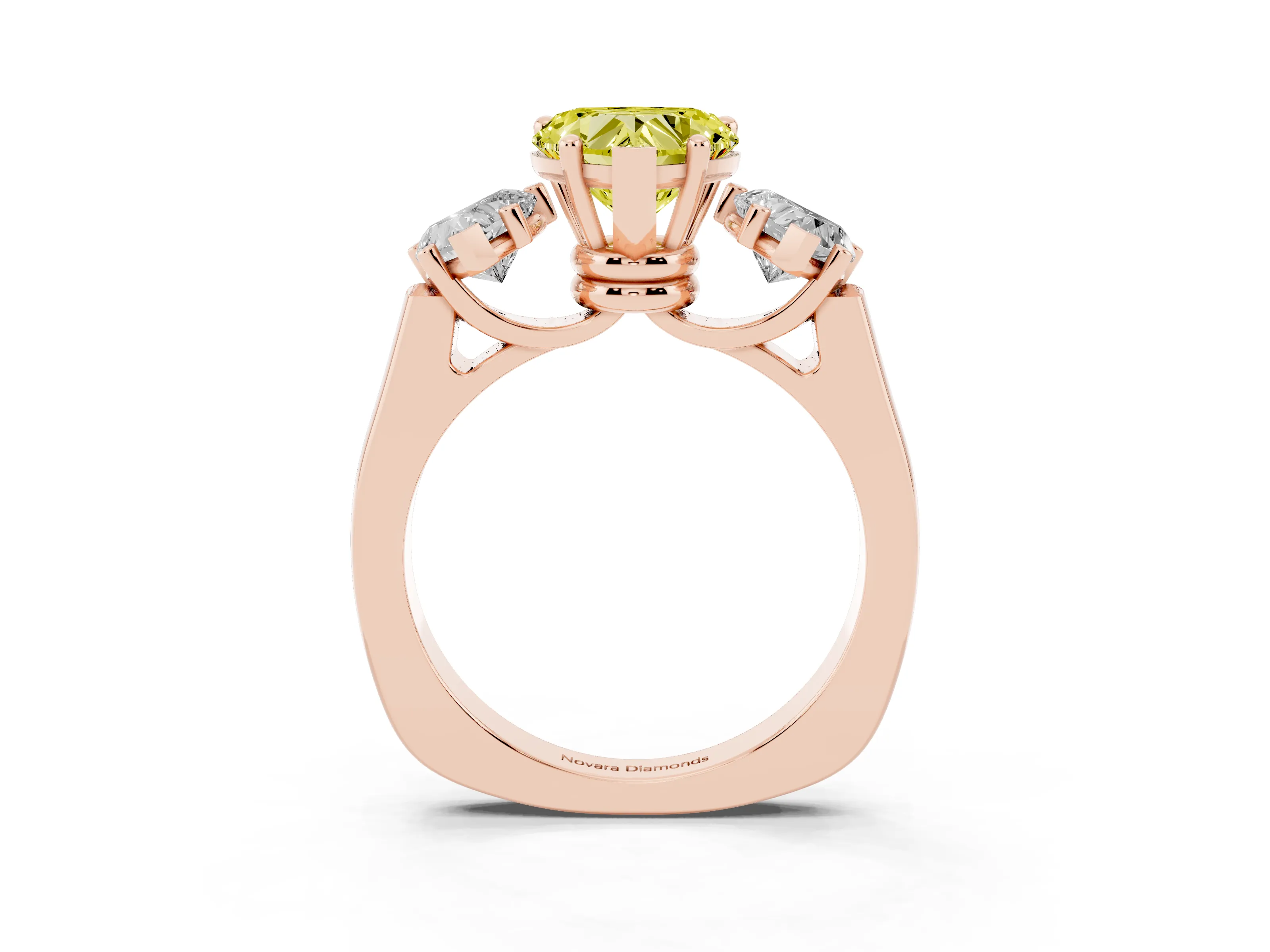 Fancy Yellow Heart Cut Diamond Three-Stone Trellis Ring Set in Rose gold with Comfort Fit Band