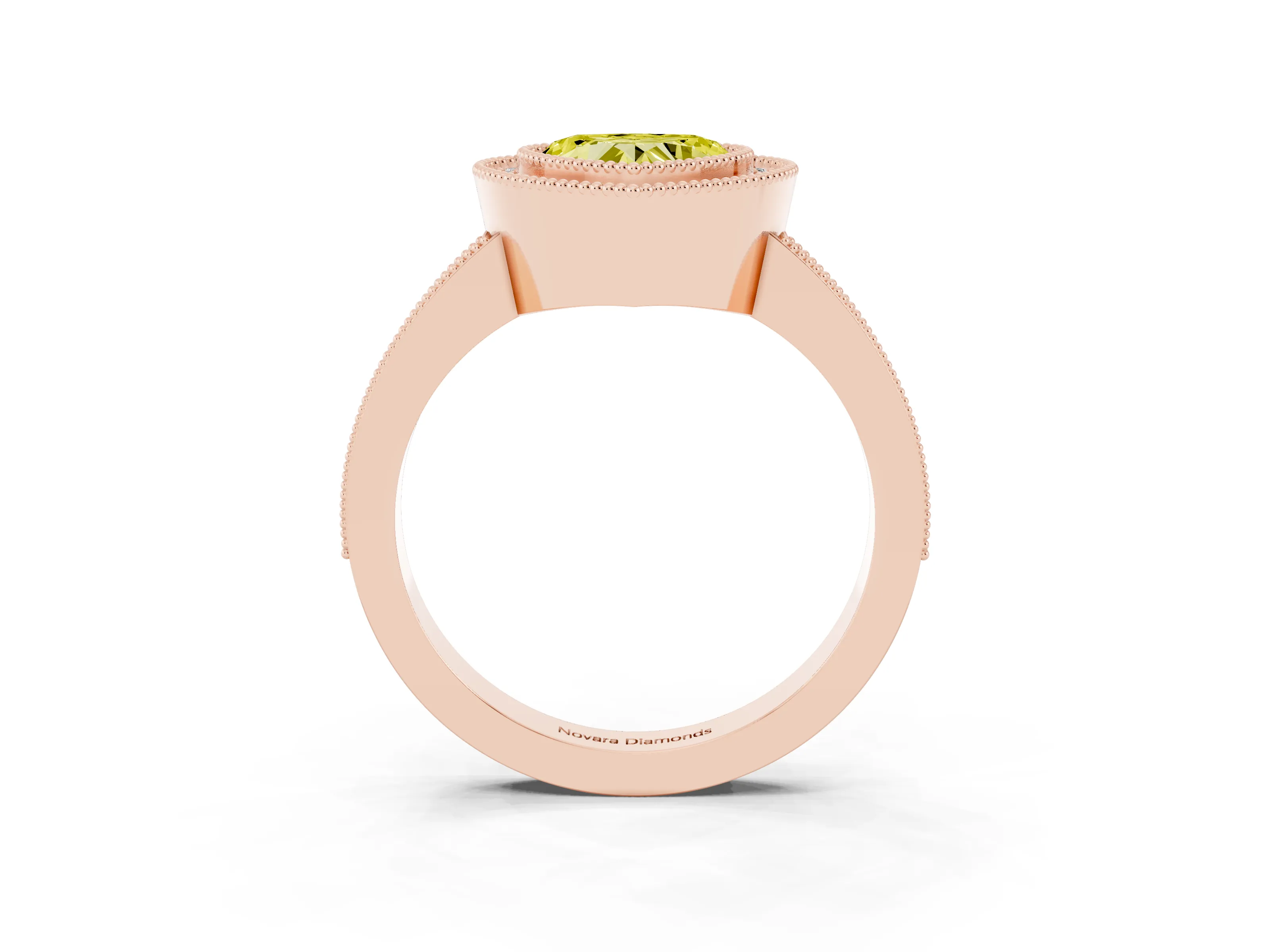 Fancy Yellow Heart Cut Diamond Halo Engagement Ring Set in Rose gold with Pavé Band and Round Halo Stones
