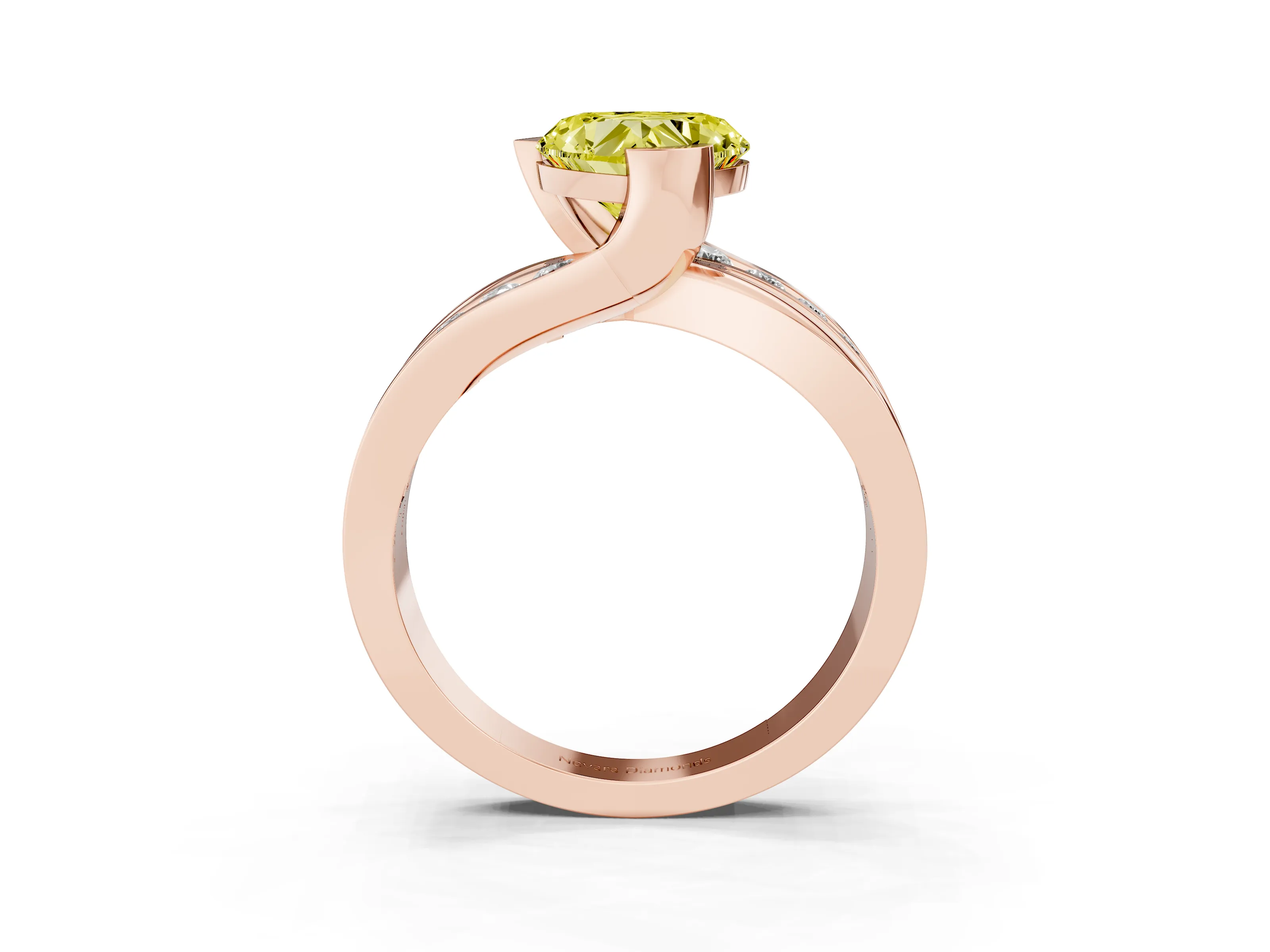 Fancy Yellow Heart Cut Diamond Solitaire Ring Set in Rose gold with Channel Set Split Shank and Tension Prongs