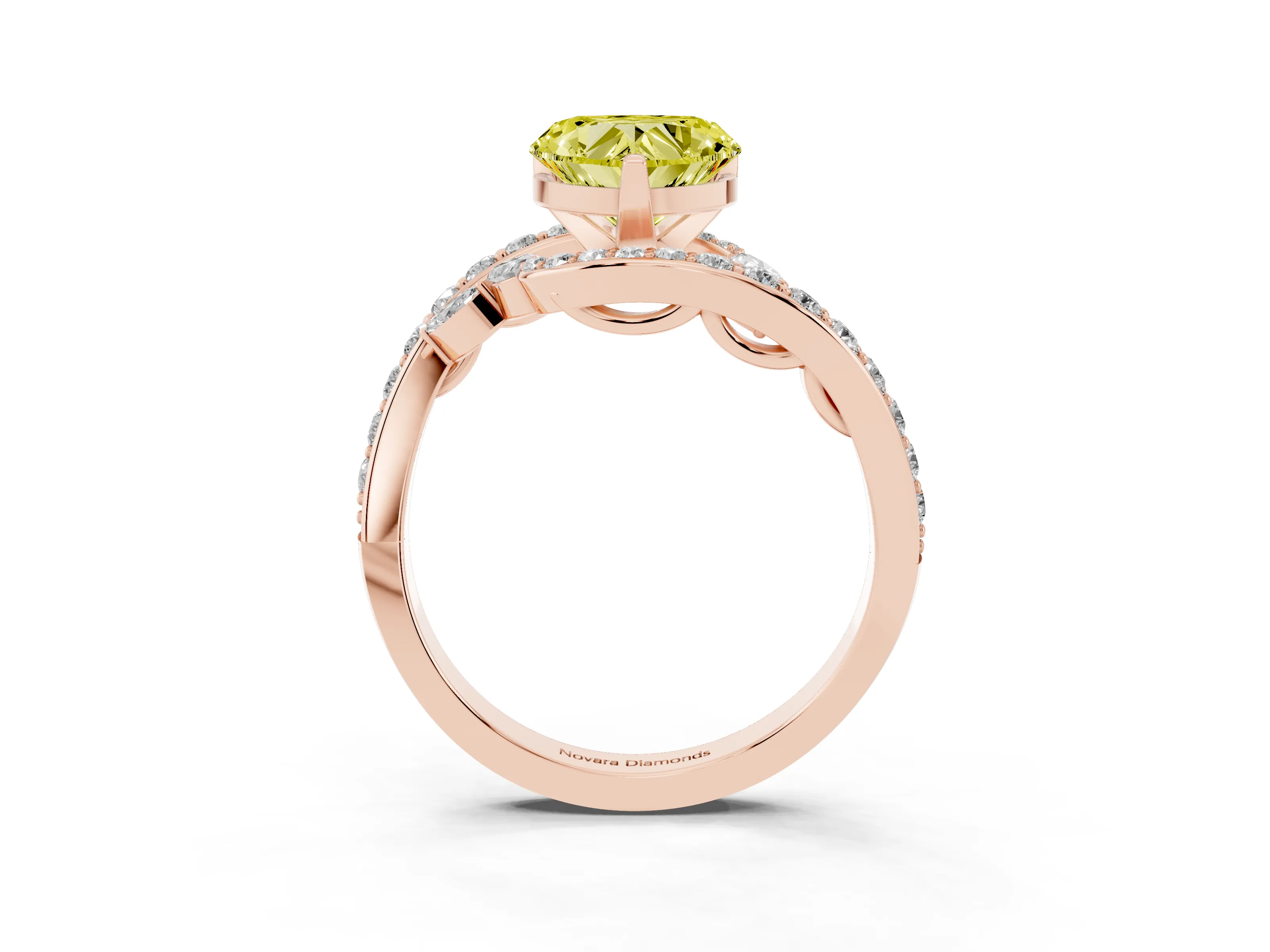 Fancy Yellow Heart Cut Diamond Solitaire Ring Set in Rose gold with Pavé Twist Band and Secure Prong Setting