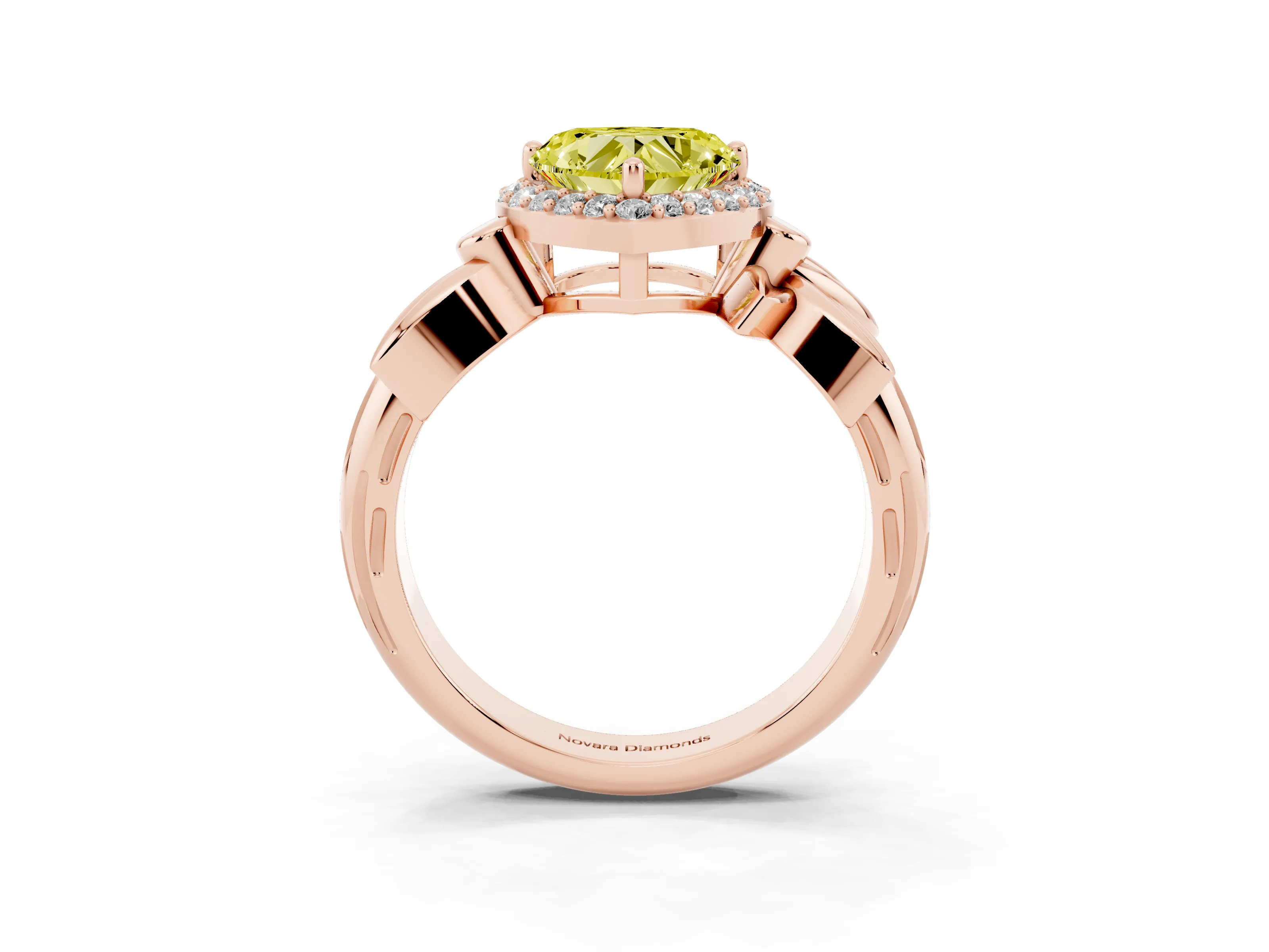 Fancy Yellow Heart Cut Diamond Halo Floral Band Ring Set in Rose gold with Prong Setting