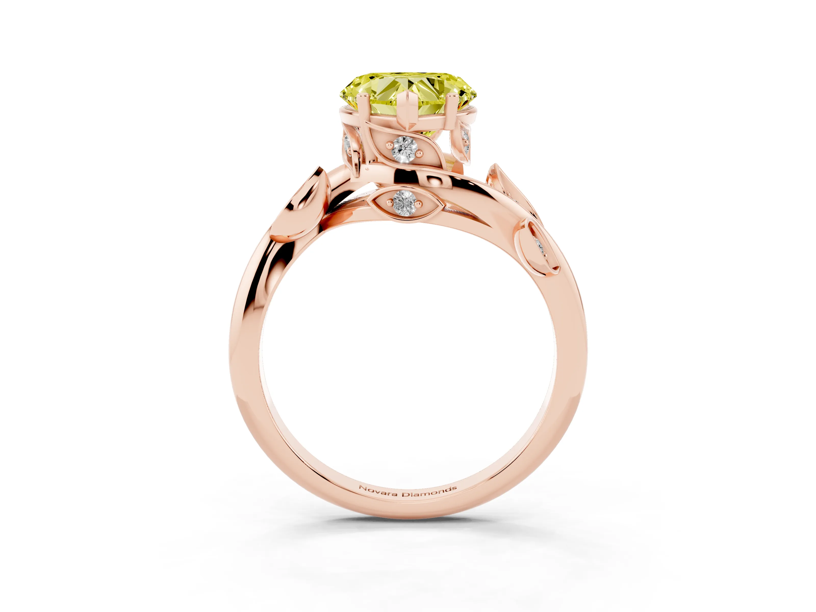 Fancy Yellow Heart Cut Diamond Solitaire Twist Engagement Ring Set in Rose gold with Pavé Leaf Accents