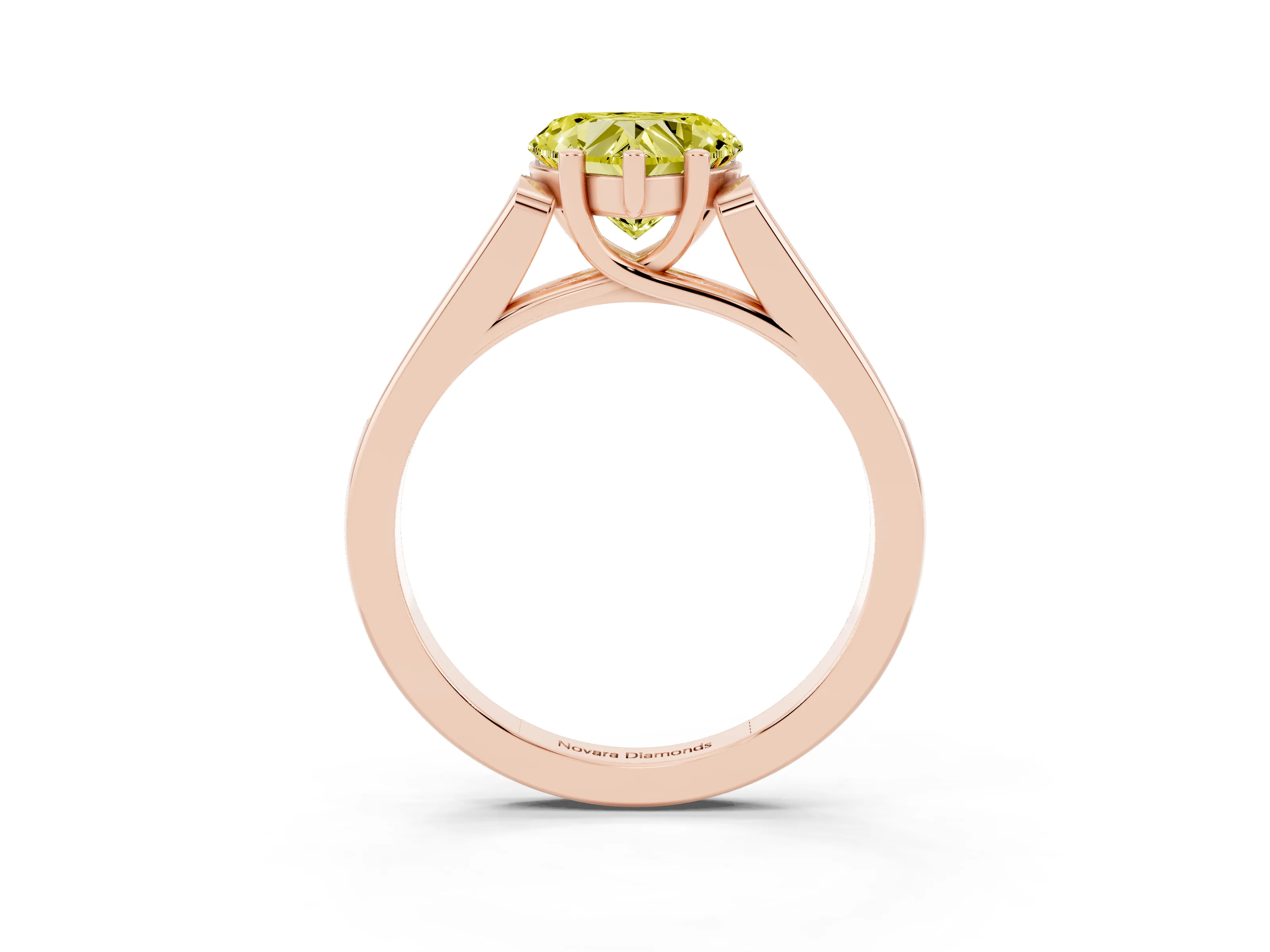 Fancy Yellow Heart Cut Diamond Solitaire Cathedral Engagement Ring Set in Rose gold with Channel-Set Band and Prong Setting
