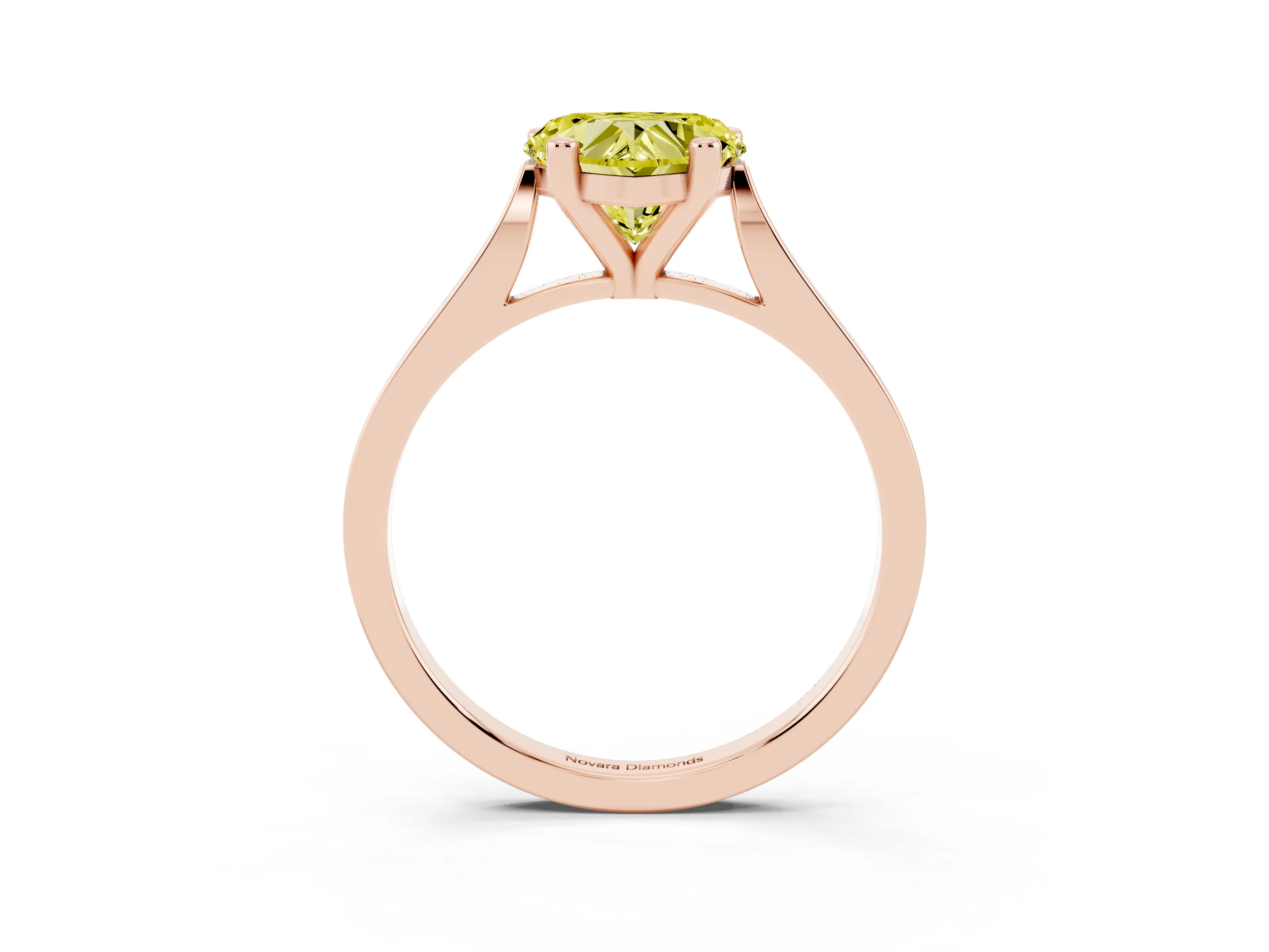 Fancy Yellow Heart Cut Diamond Solitaire Ring Set in Rose gold with Prong Setting and Tapered Band