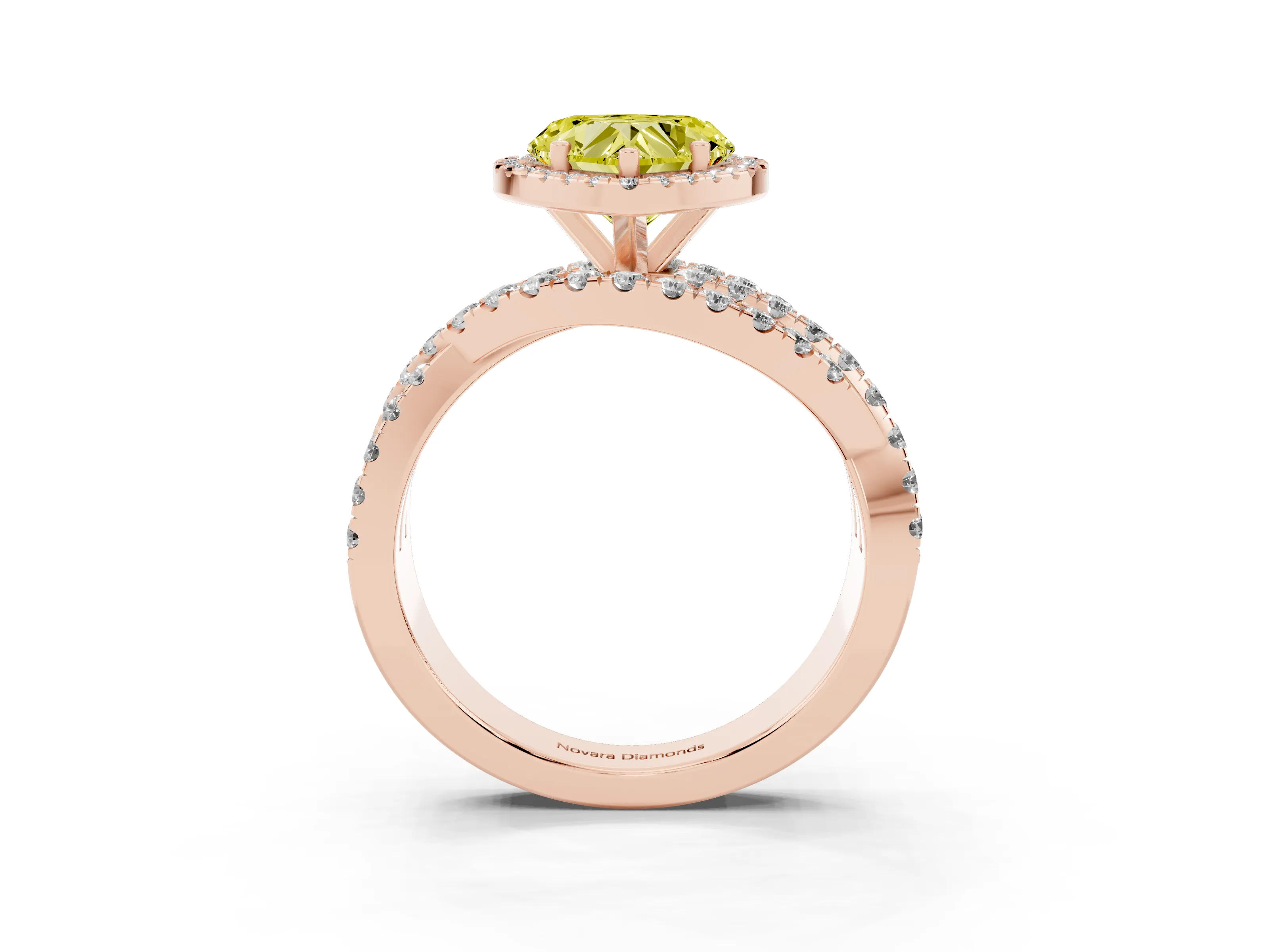 Fancy Yellow Heart Cut Diamond Halo Ring Set in Rose gold with Round Crossover Split Shank and Prong Setting