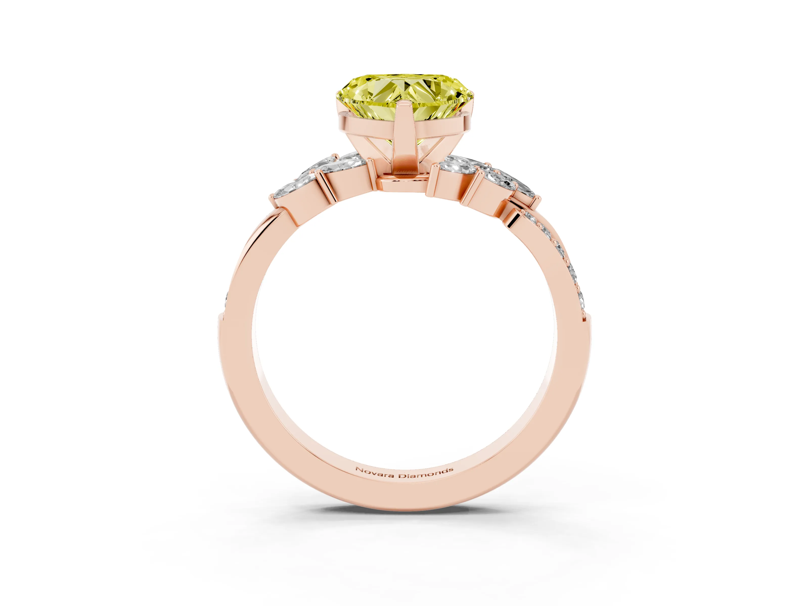 Fancy Yellow Heart Cut Diamond Solitaire Ring Set in Rose gold with Marquise Twist Band and Prong Setting