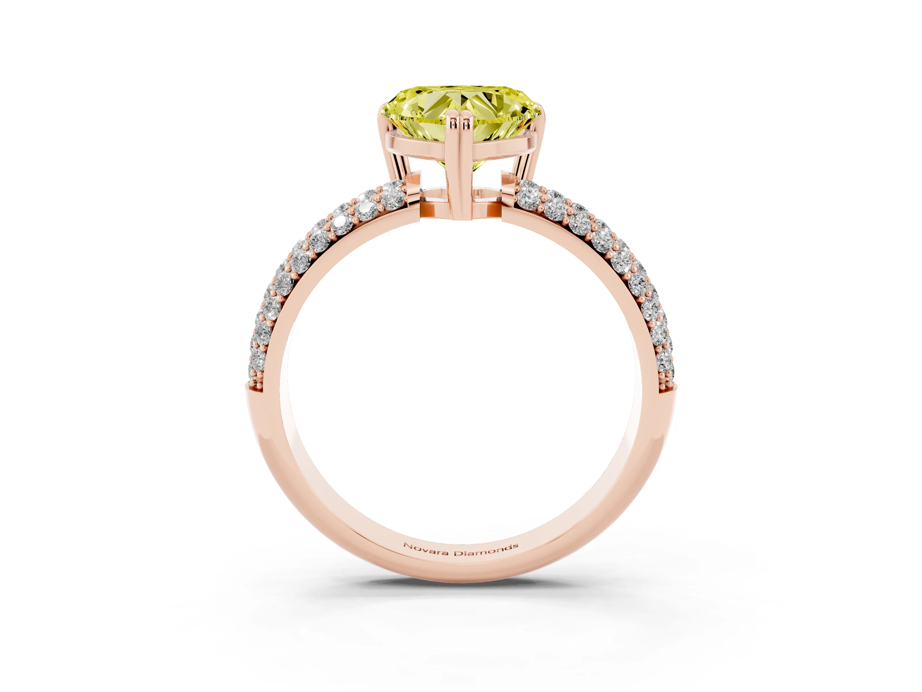 Fancy Yellow Heart Cut Diamond Solitaire Ring Set in Rose gold with Multi-Row Round Pavé Band and Prong Setting