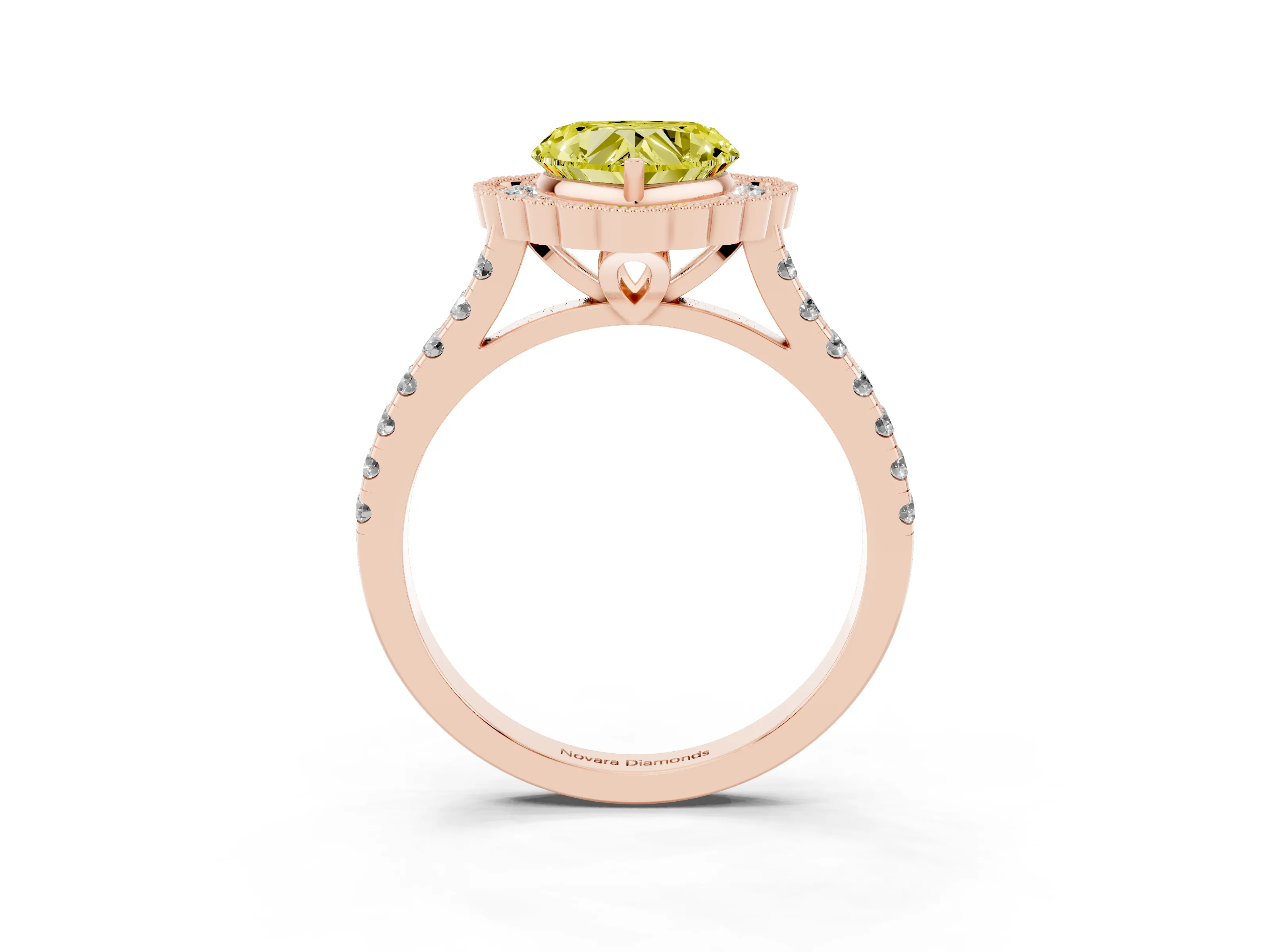 Fancy Yellow Heart Cut Diamond Milgrain Floral Halo Engagement Ring Set in Rose gold with Pavé Band