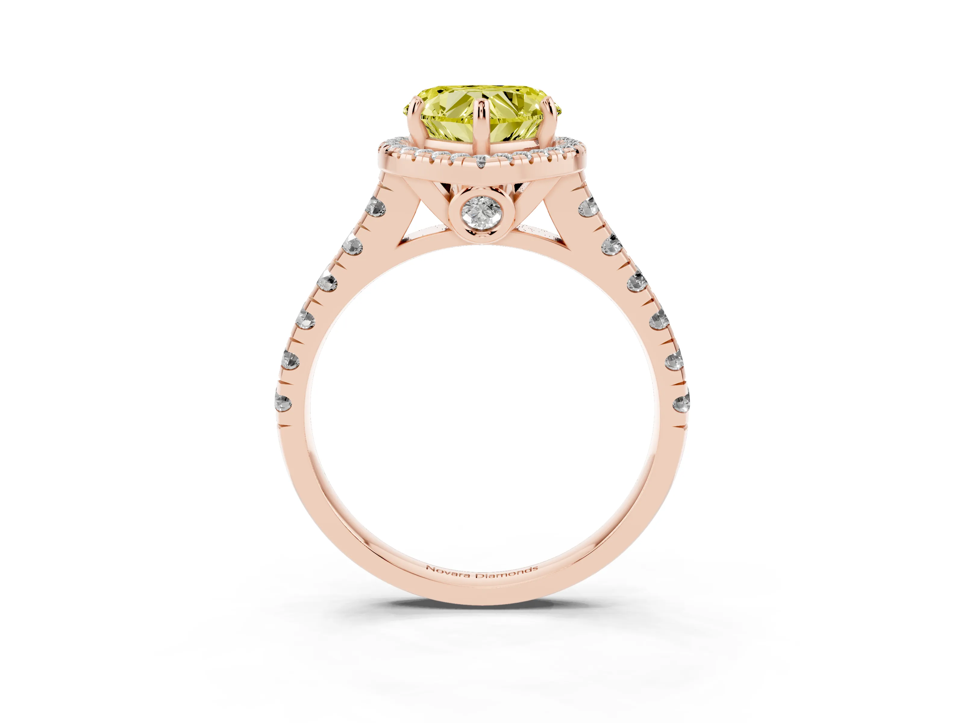 Fancy Yellow Heart Cut Diamond Halo Engagement Ring Set in Rose gold with Pavé Band and Prong-Set Center