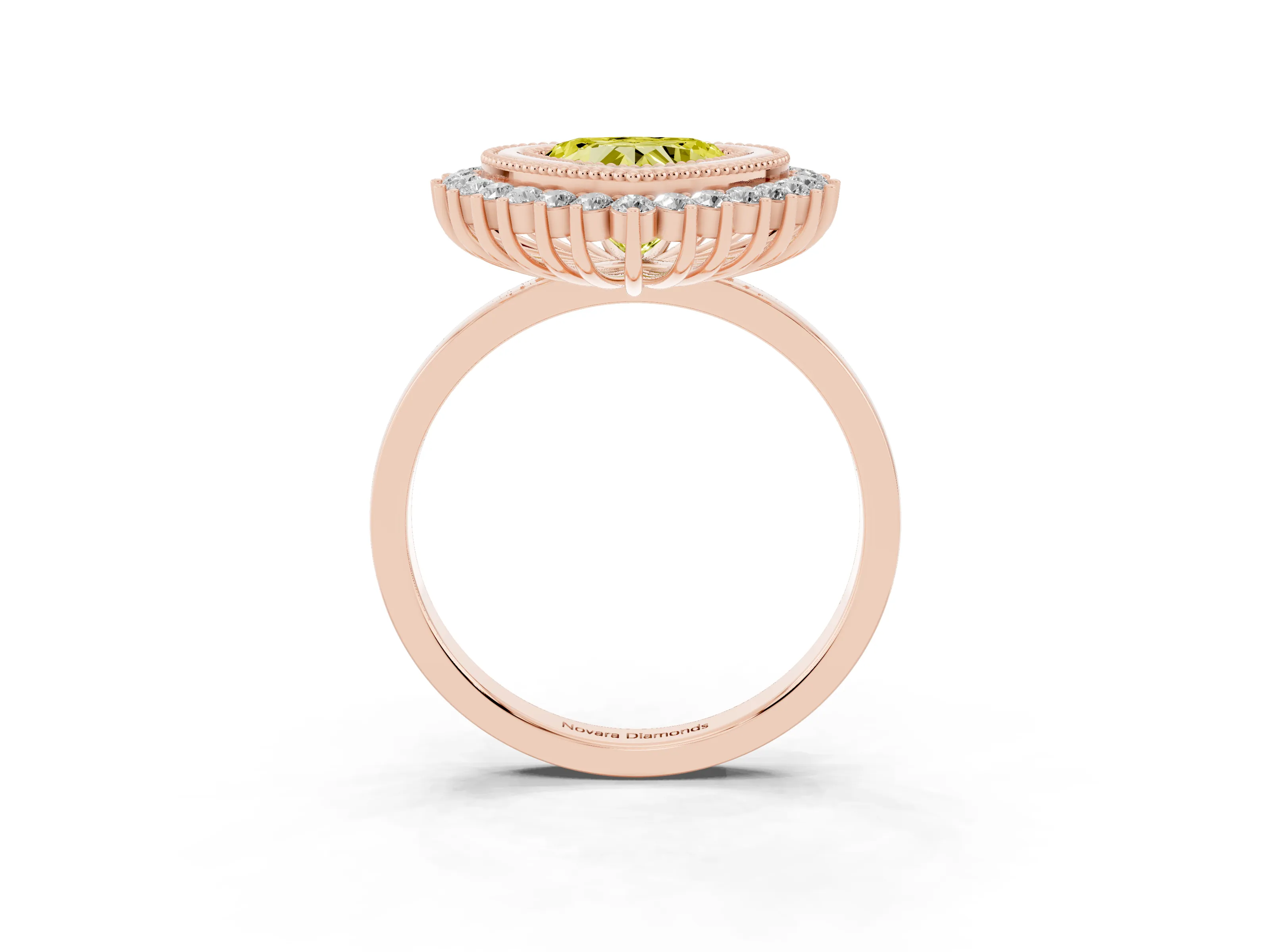 Fancy Yellow Heart Cut Diamond Halo Ring Set in Rose gold with Milgrain Edge and Round Prong Setting