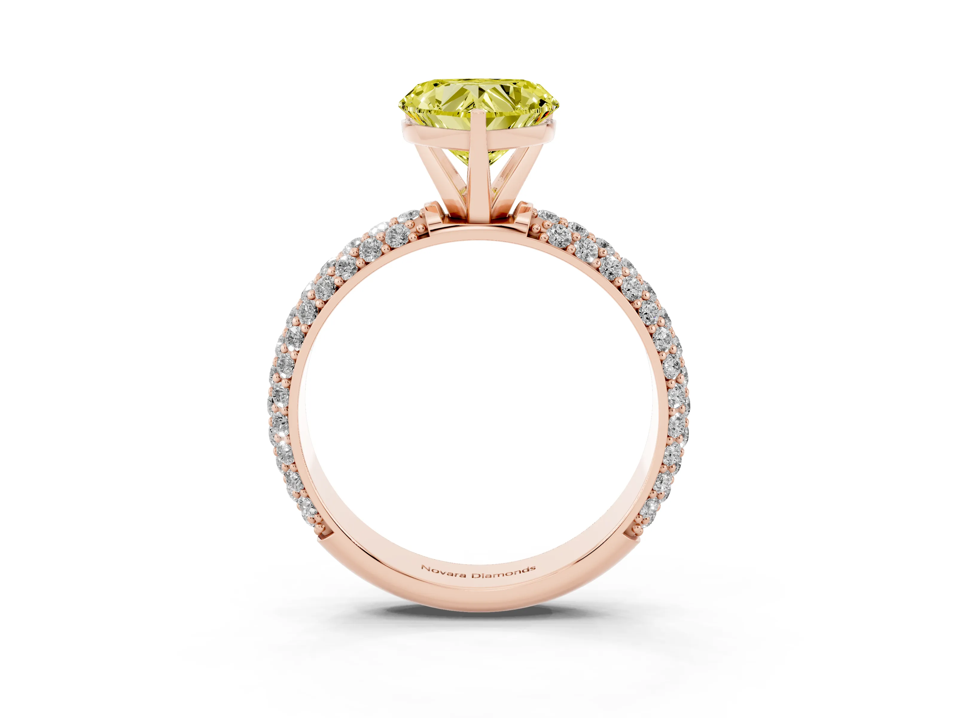 Fancy Yellow Heart Cut Diamond Solitaire Ring Set in Rose gold with Prong Setting and Pavé-Set Band