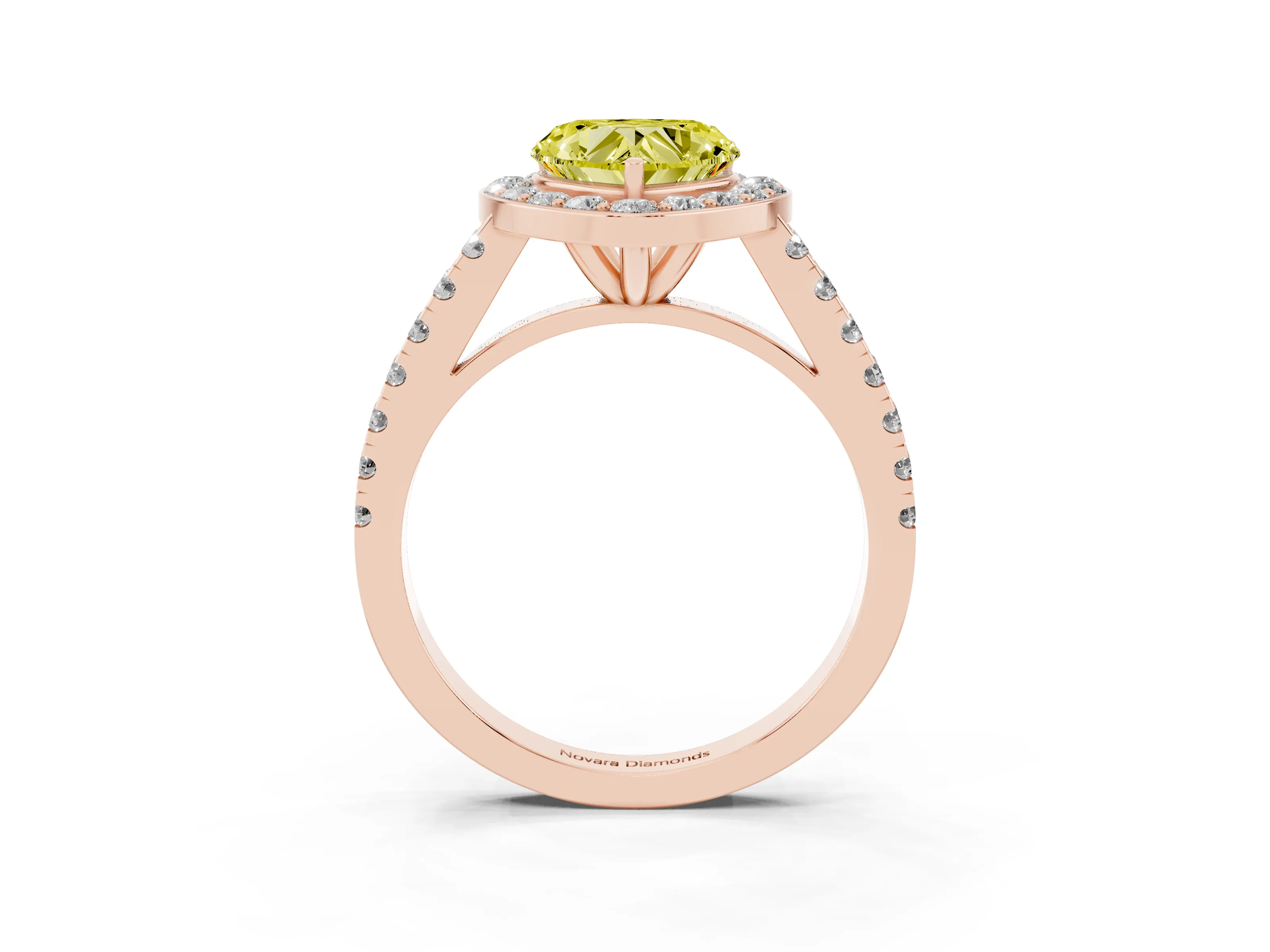 Fancy Yellow Heart Cut Diamond Halo Ring Set in Rose gold with Round Pavé Split Shank and Prong Setting