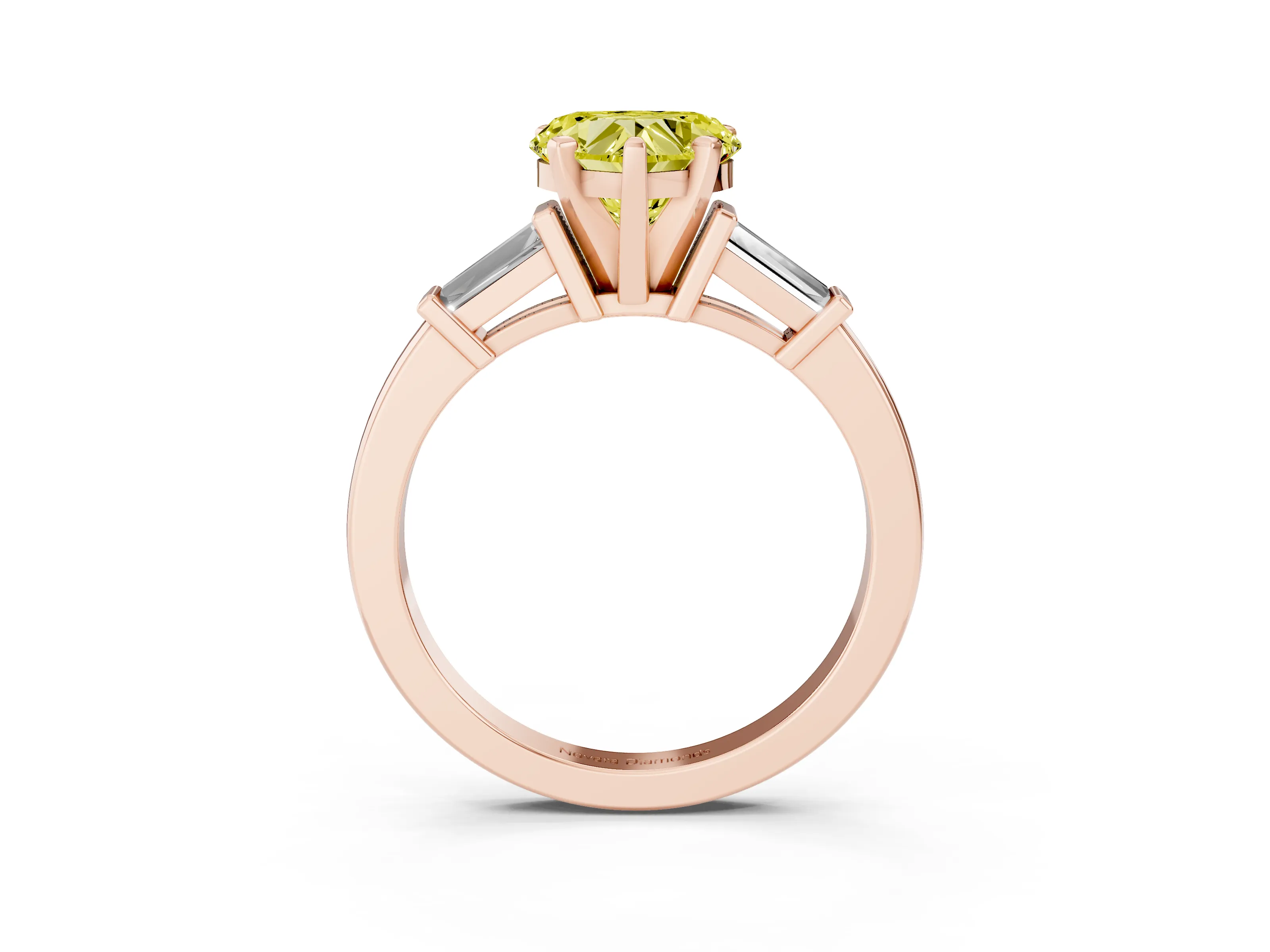 Fancy Yellow Heart Cut Diamond Solitaire Ring Set in Rose gold with Tapered Baguette Accents and Prong Setting