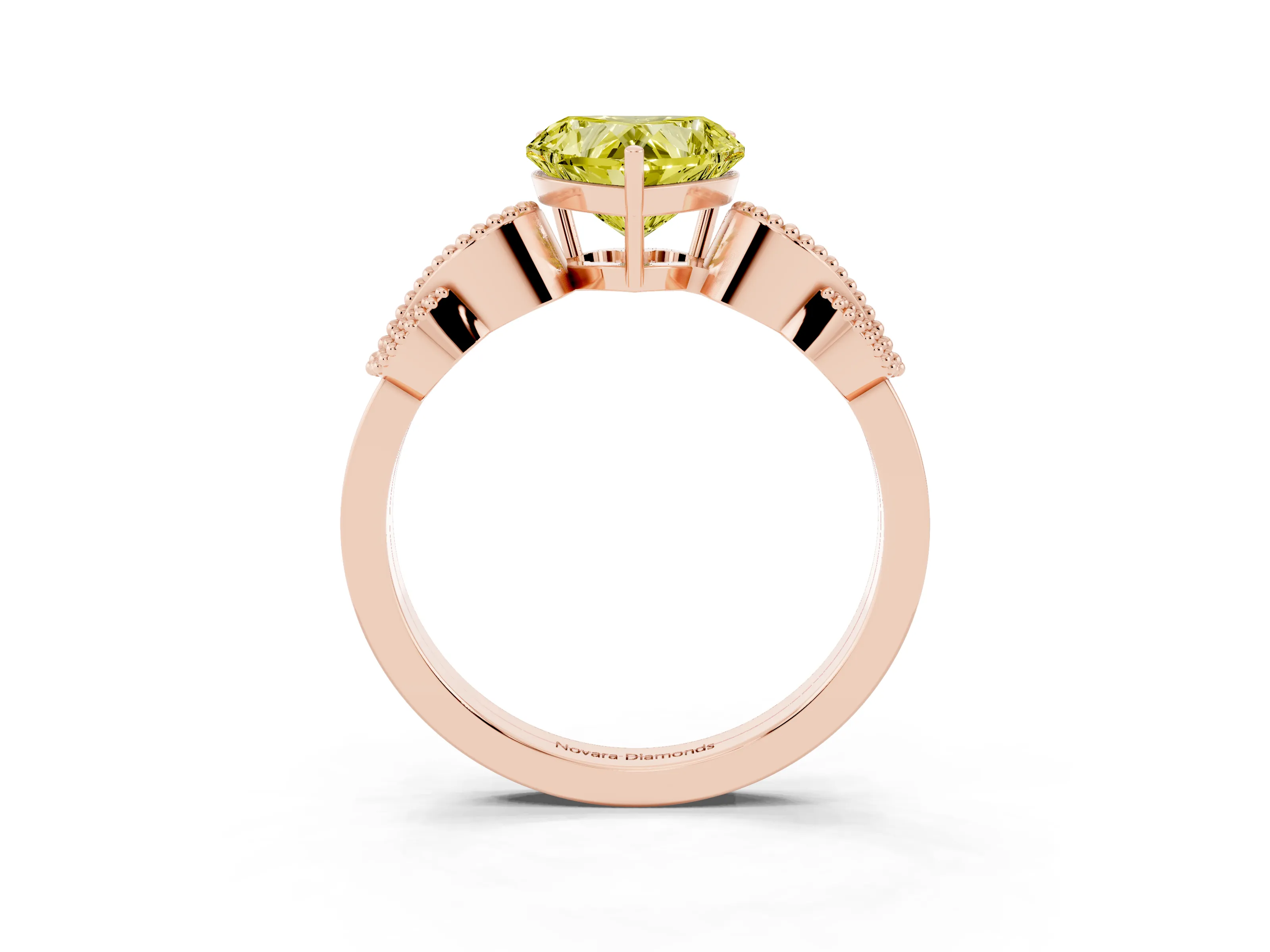 Fancy Yellow Heart Cut Diamond Milgrain Leaf Band Solitaire Ring Set in Rose gold with Accent Stones and Prong Setting