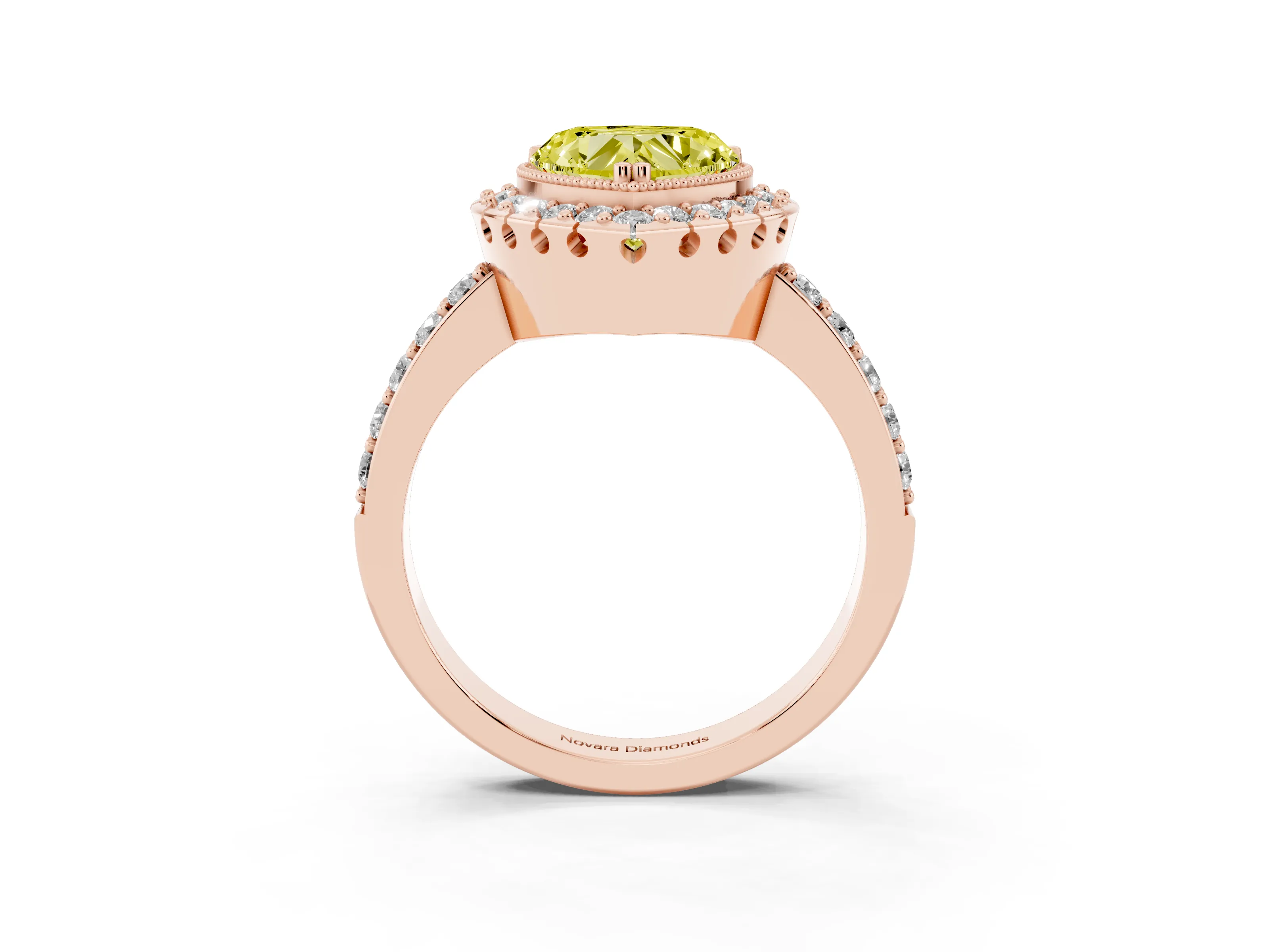 Fancy Yellow Heart Cut Diamond Halo Ring Set in Rose gold with Pavé Shank and Prong Setting