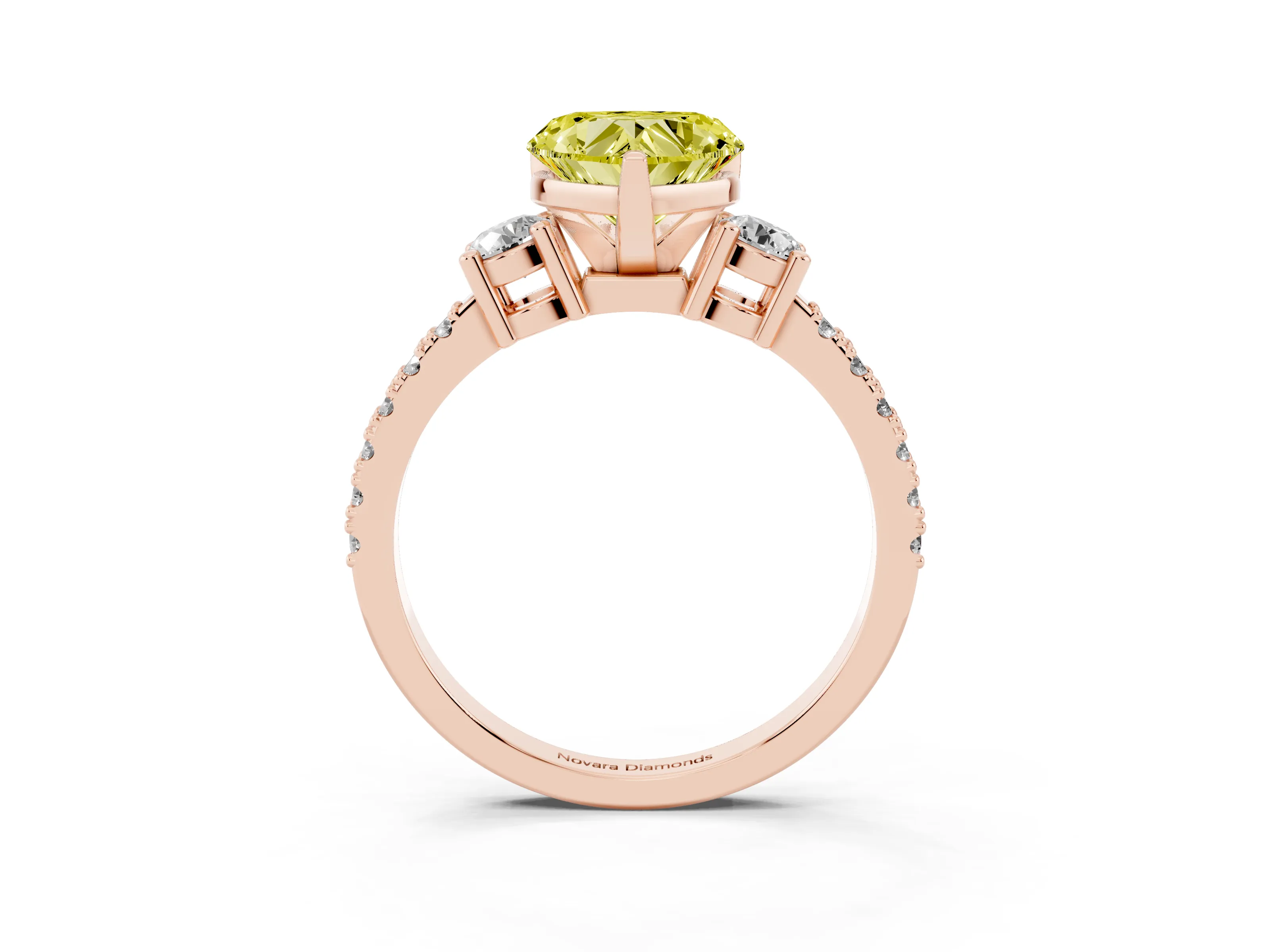Fancy Yellow Three-Stone Heart Cut Diamond Pavé Band Ring Set in Rose gold with Prong Setting