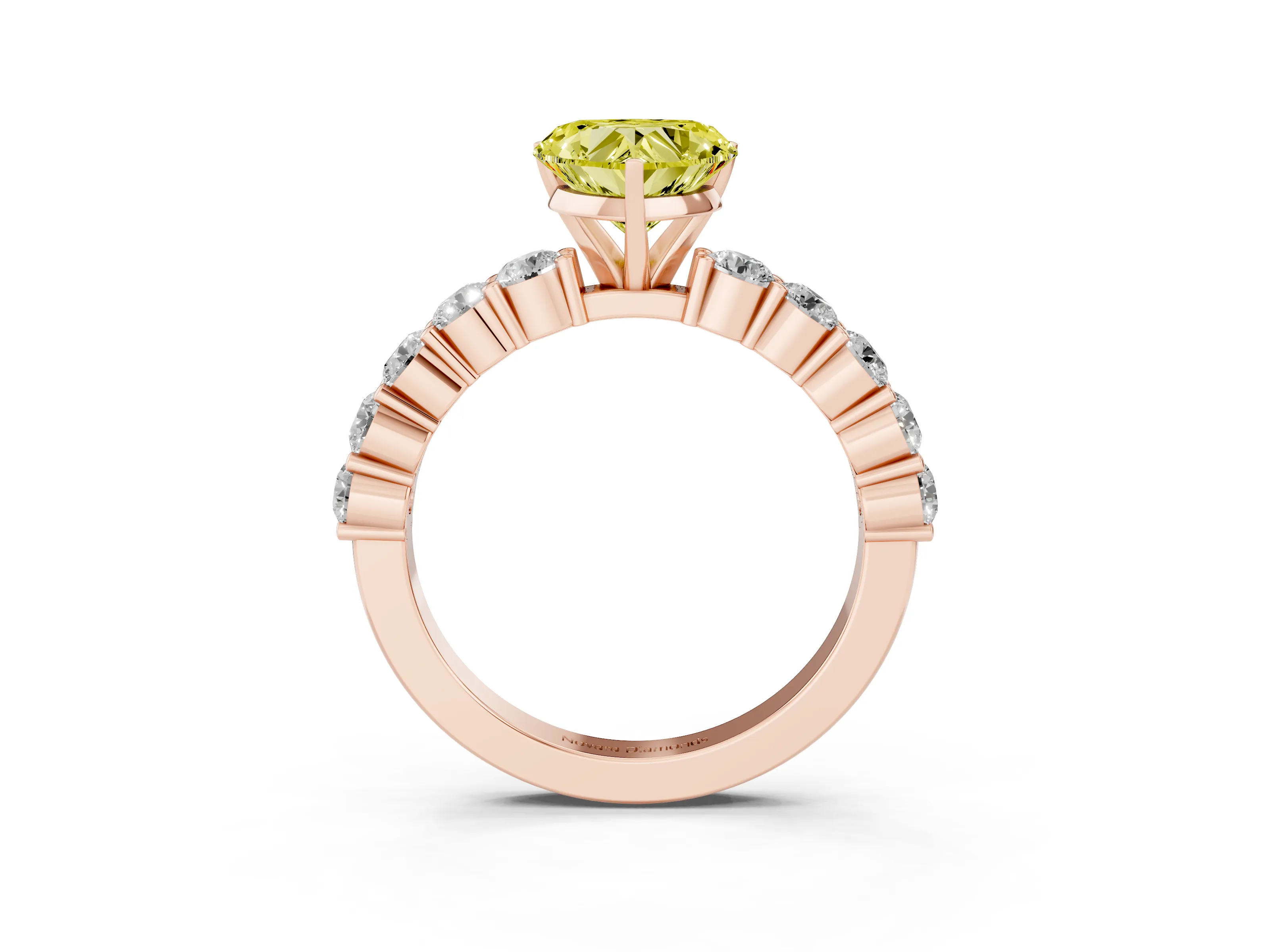 Fancy Yellow Heart Cut Diamond Solitaire Ring Set in Rose gold with Shared Prong Round Side Stones