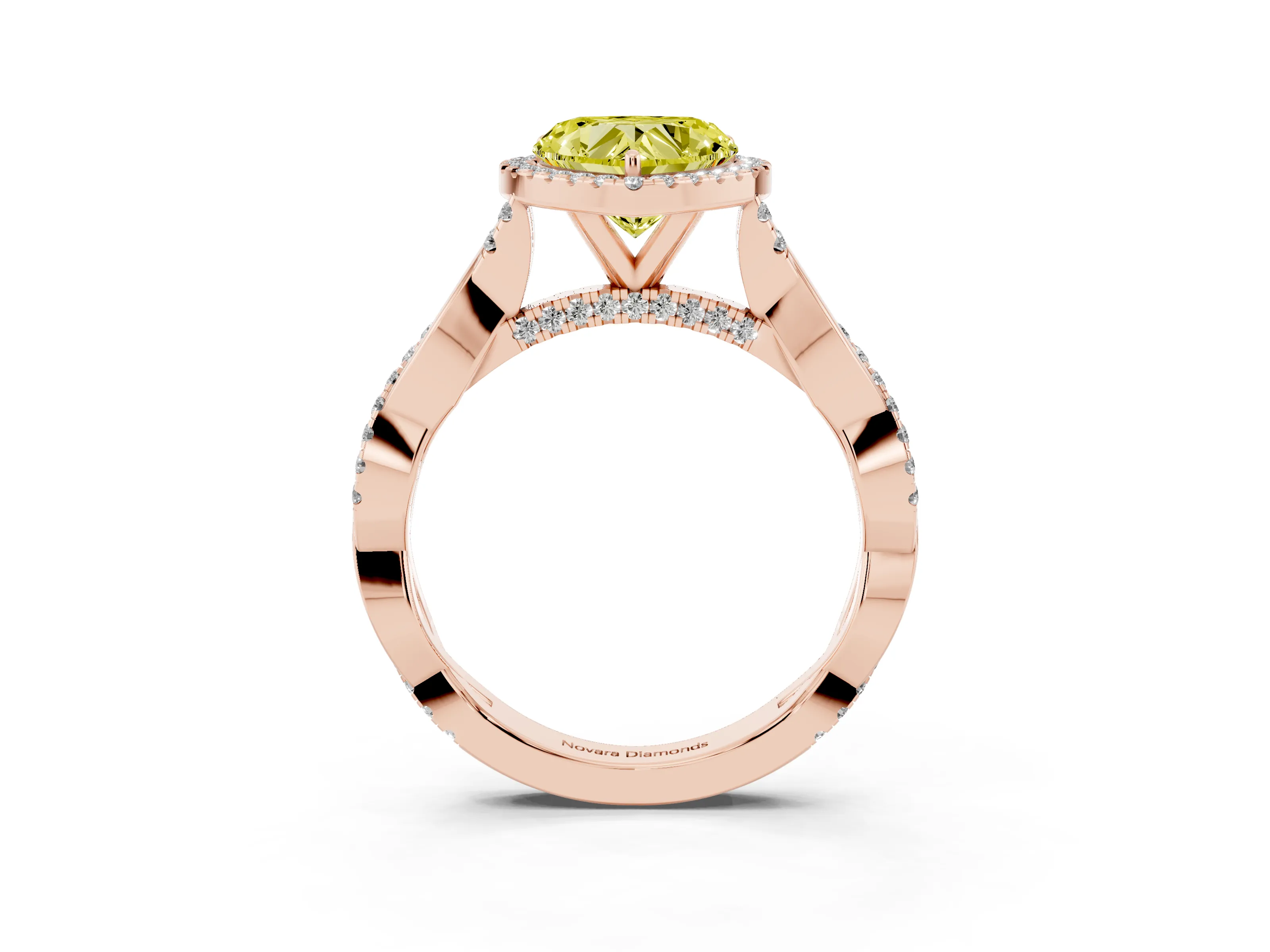 Fancy Yellow Heart Cut Diamond Halo Twist Band Solitaire Ring Set in Rose gold with Prong Setting