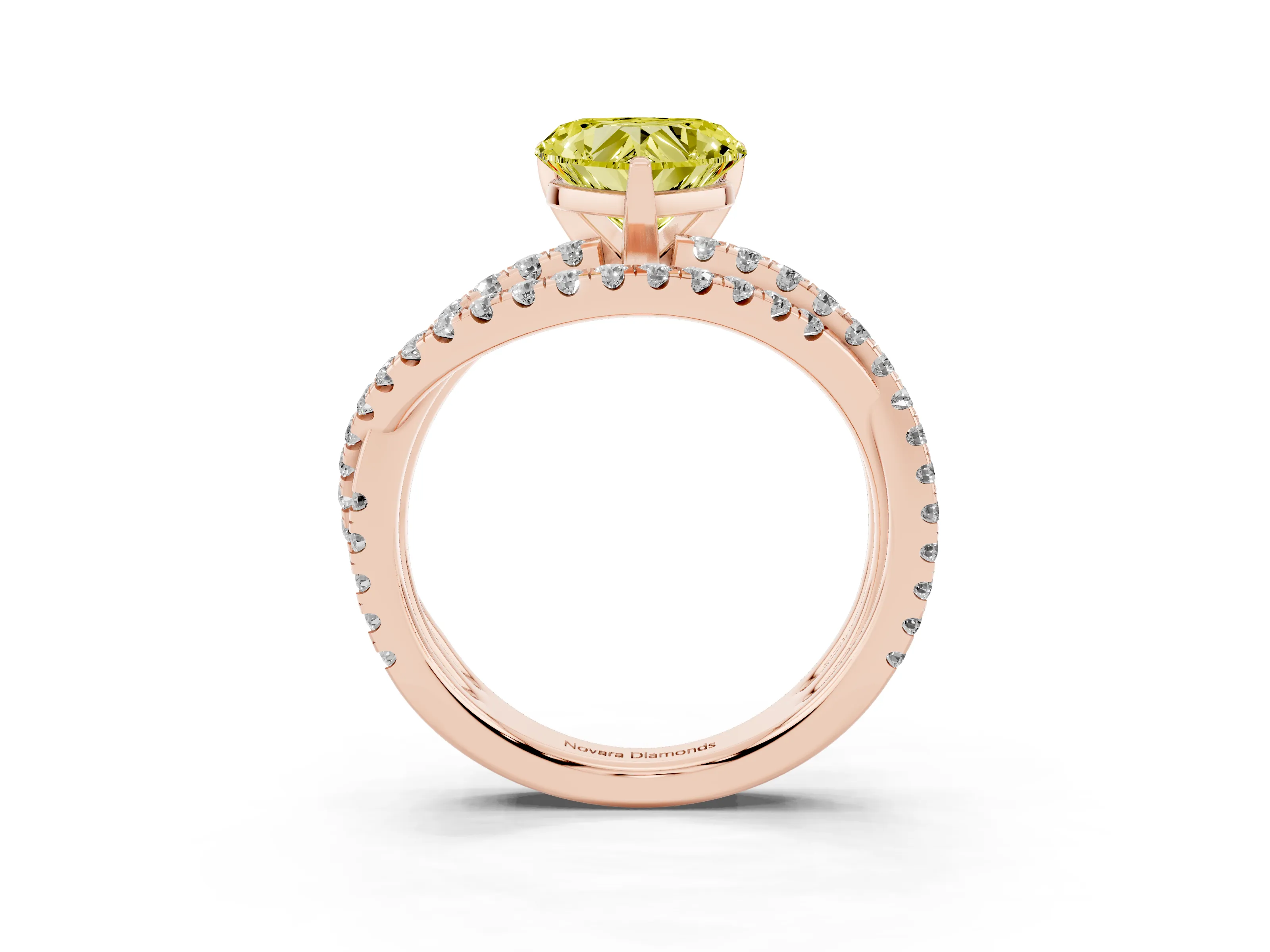 Fancy Yellow Heart Cut Diamond Solitaire Twist Band Ring Set in Rose gold with Pavé Setting and Prong Head