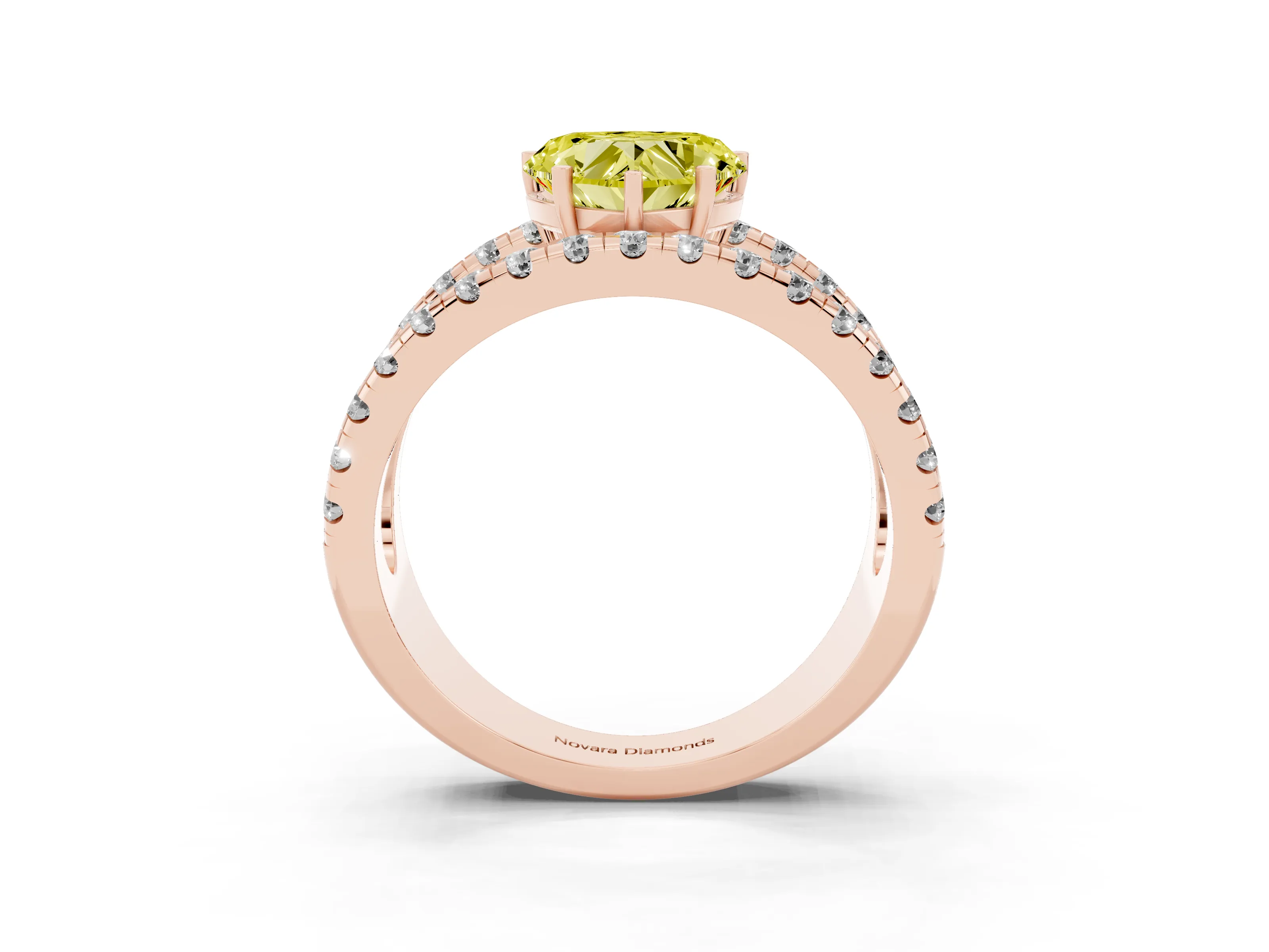 Fancy Yellow Heart Cut Diamond Split Shank Pavé Solitaire Ring Set in Rose gold with Open Shank Design
