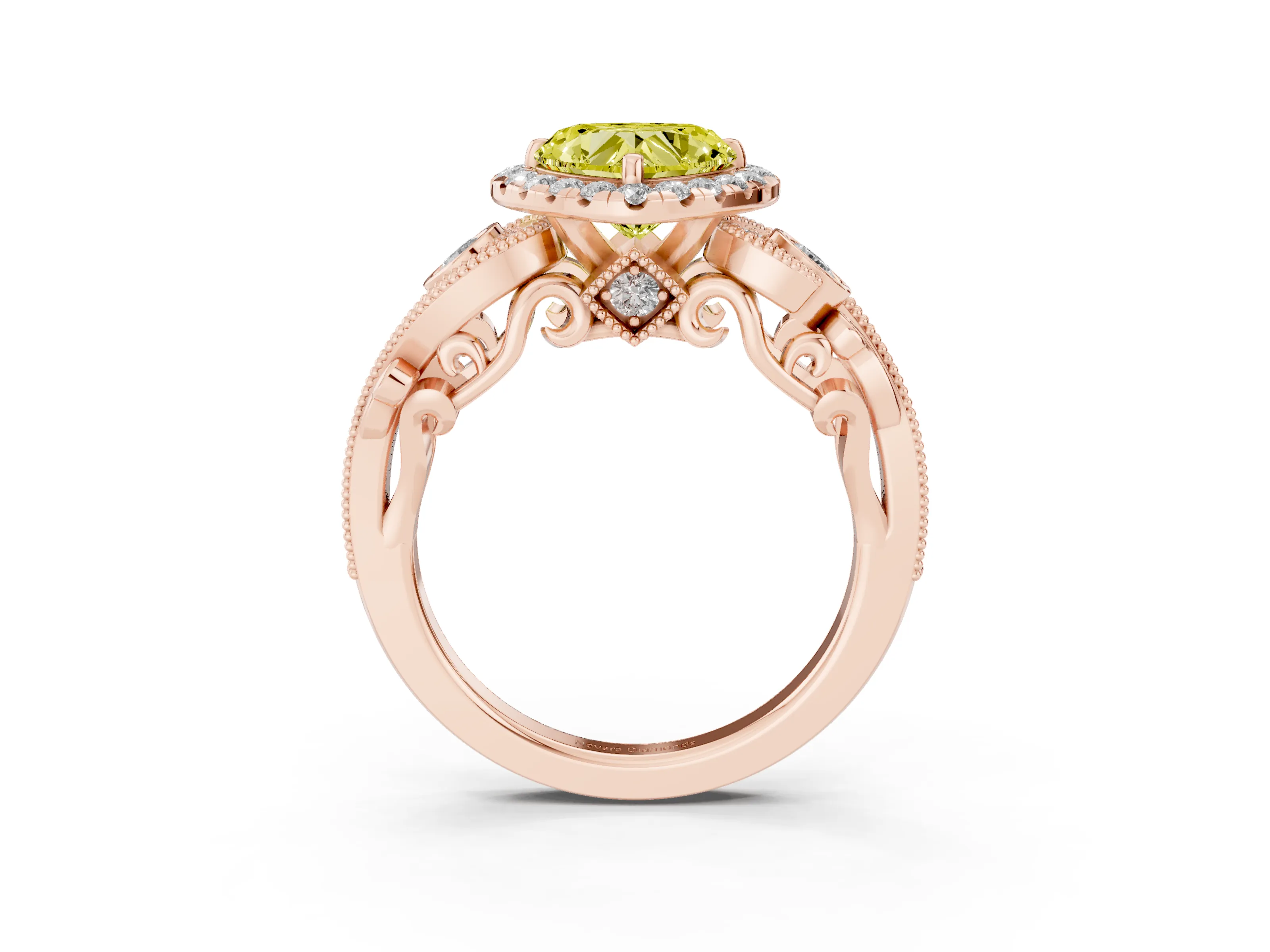 Fancy Yellow Heart Cut Diamond Halo Ring Set in Rose gold with Milgrain Pavé Band and Prong Setting