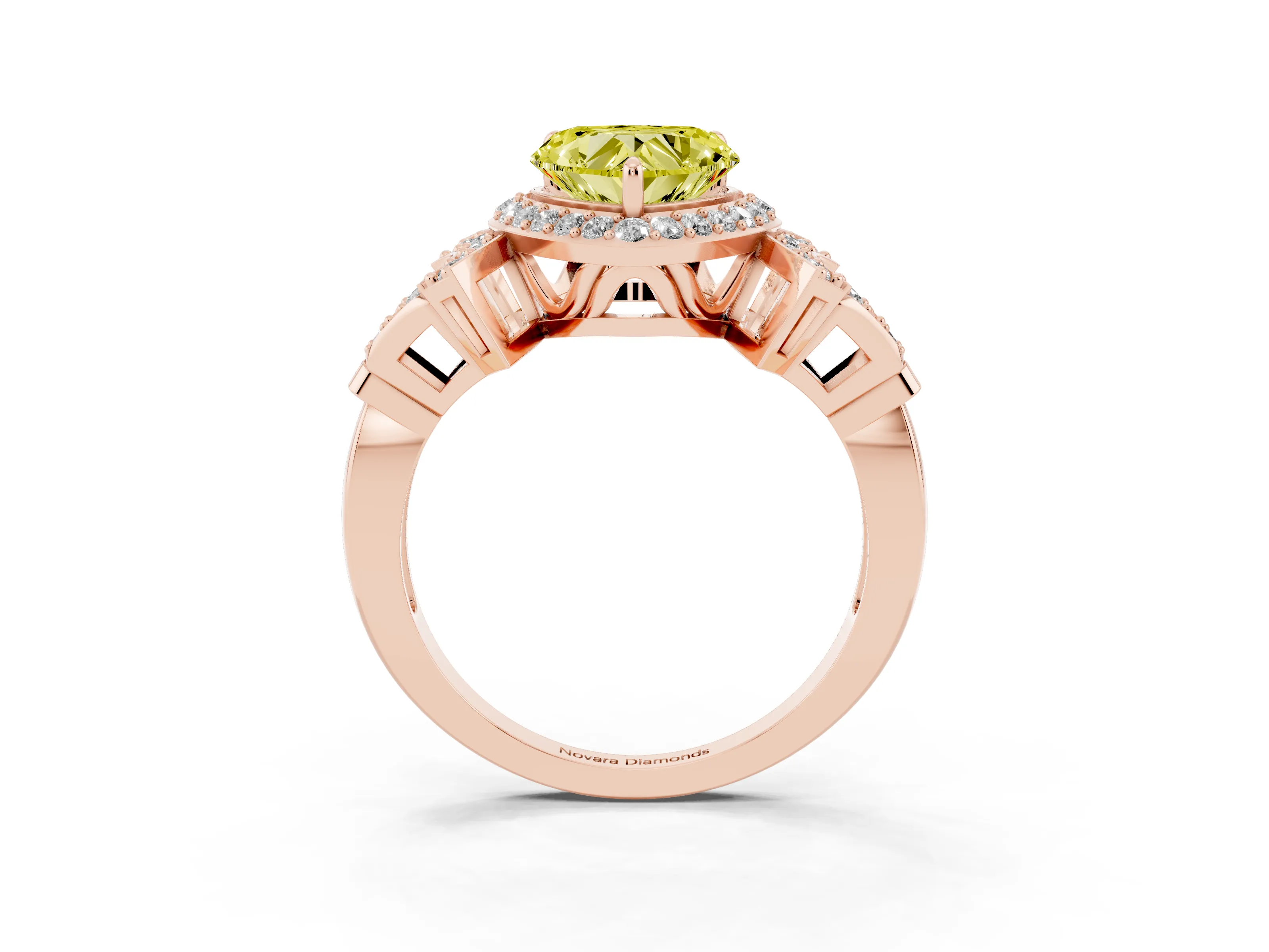 Fancy Yellow Heart Cut Diamond Halo Engagement Ring Set in Rose gold with Accent Stone Split Shank