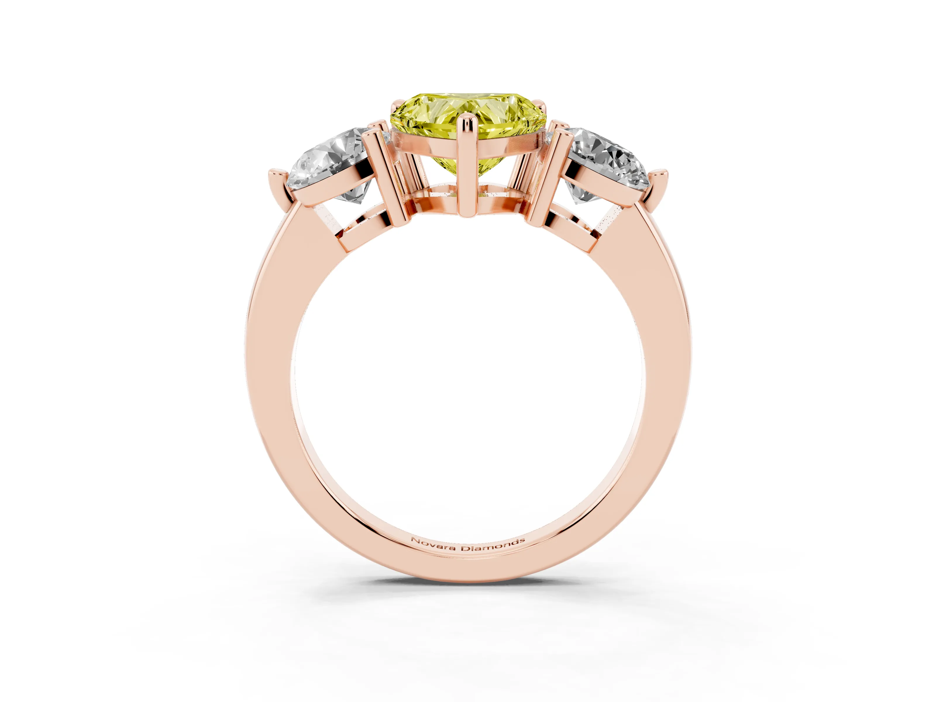 Fancy Yellow Heart Cut Diamond Three-Stone Ring Set in Rose gold with Prong Setting and Classic Band