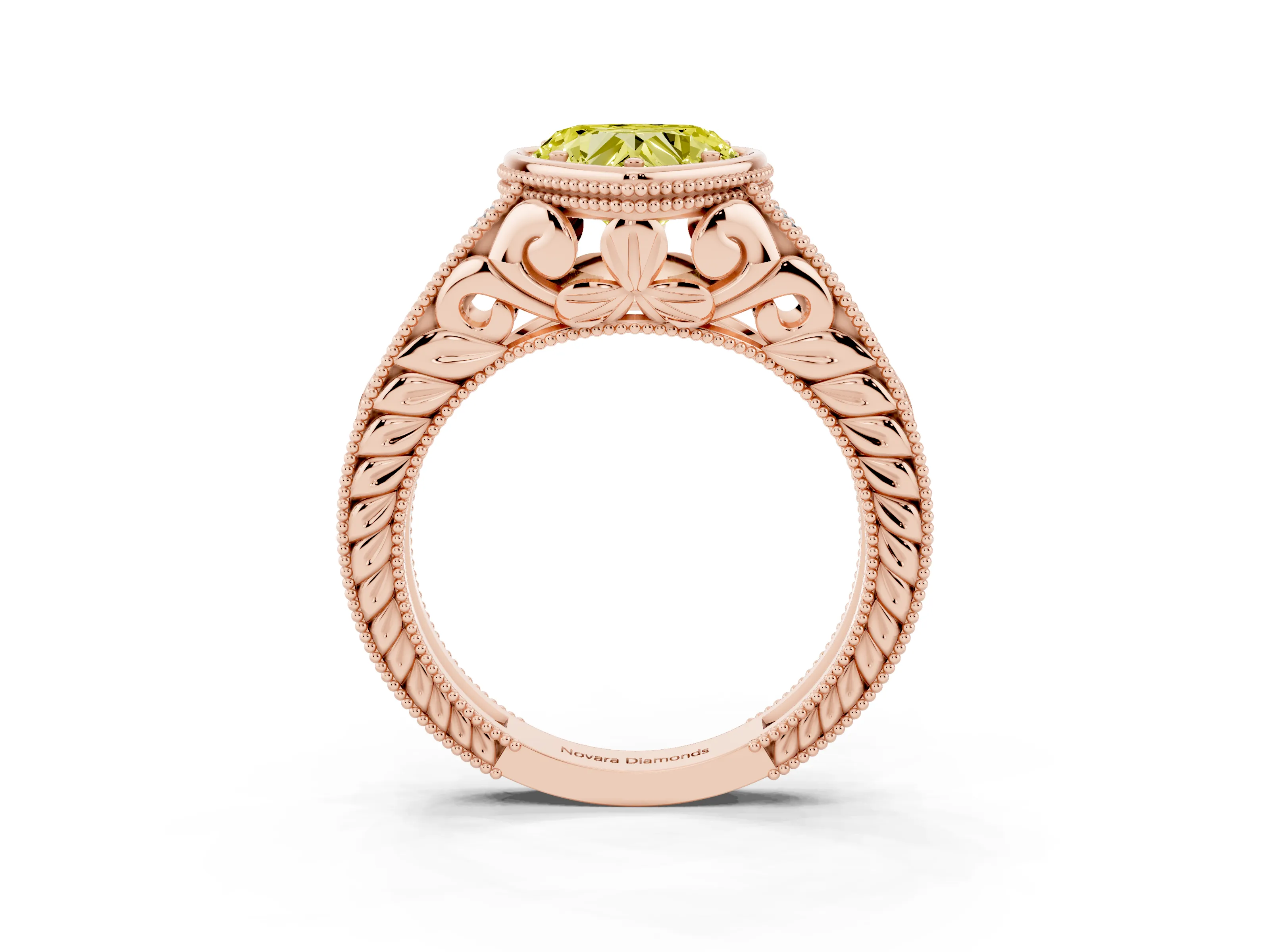 Fancy Yellow Bezel Set Heart Cut Diamond Milgrain Pavé Engagement Ring Set in Rose gold