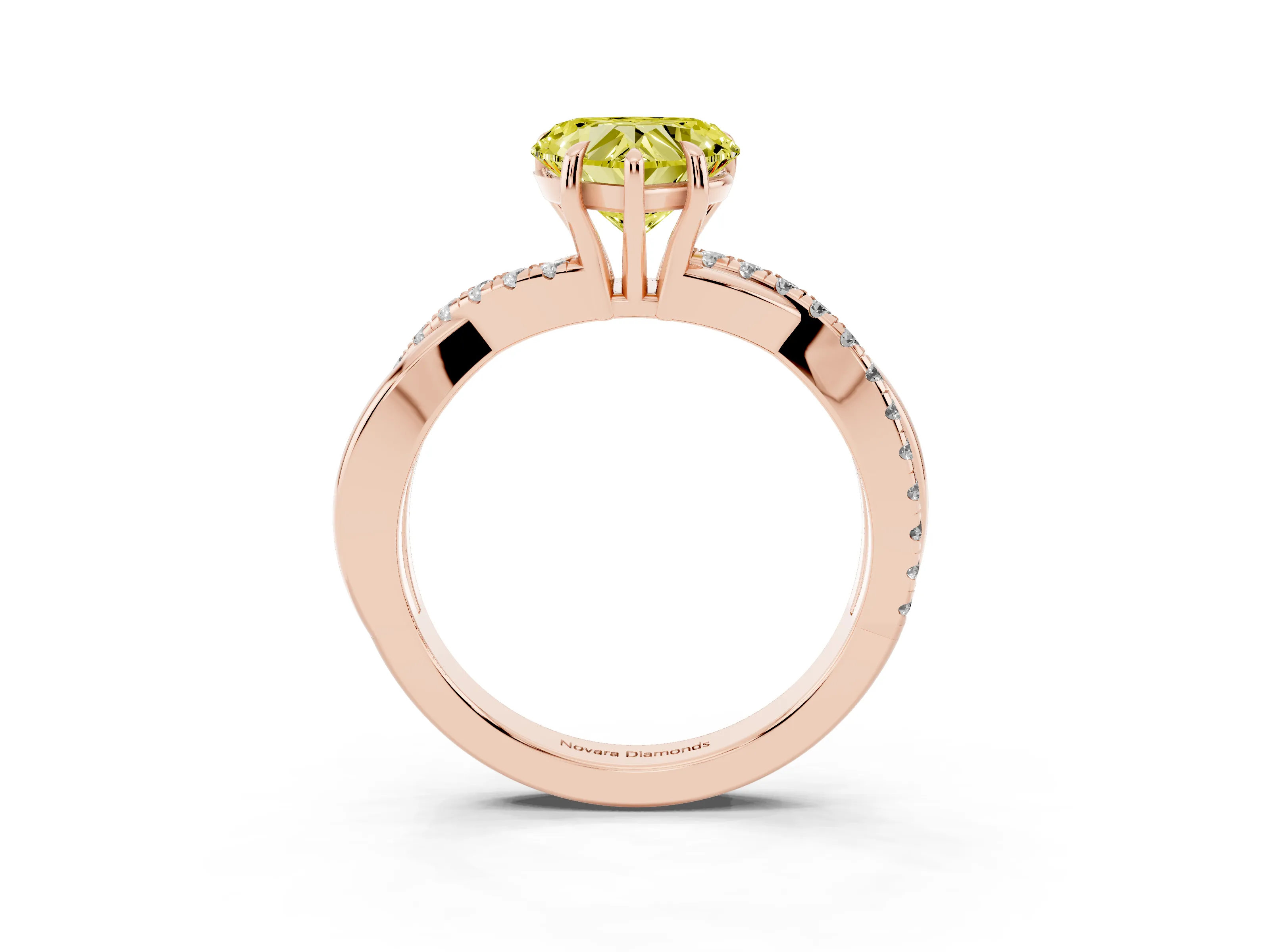Fancy Yellow Heart Cut Diamond Twisted Pavé Band Ring Set in Rose gold with Prong Setting
