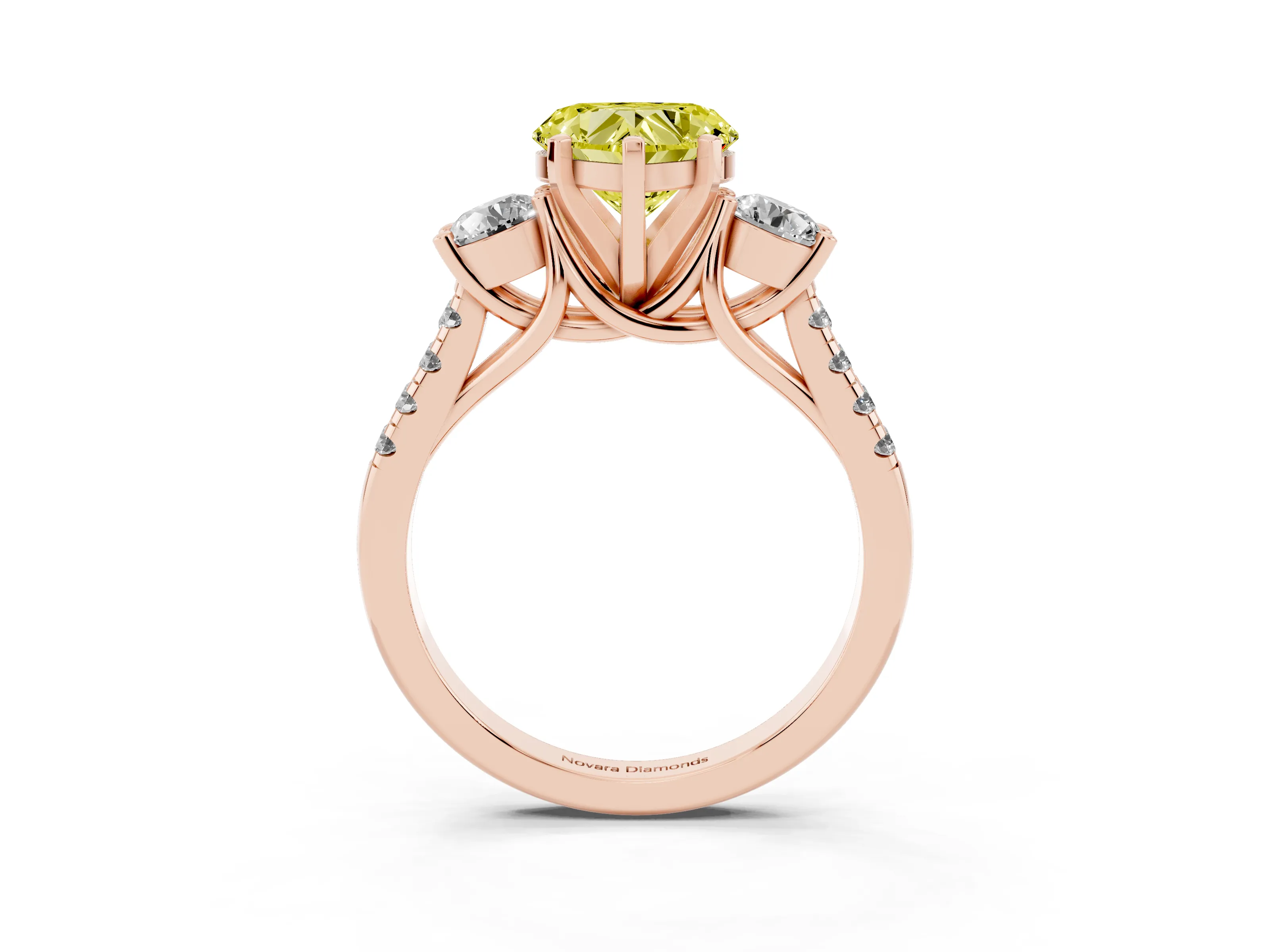 Fancy Yellow Three-Stone Heart Cut Diamond Pavé Band Ring Set in Rose gold with Prong-Set Trio
