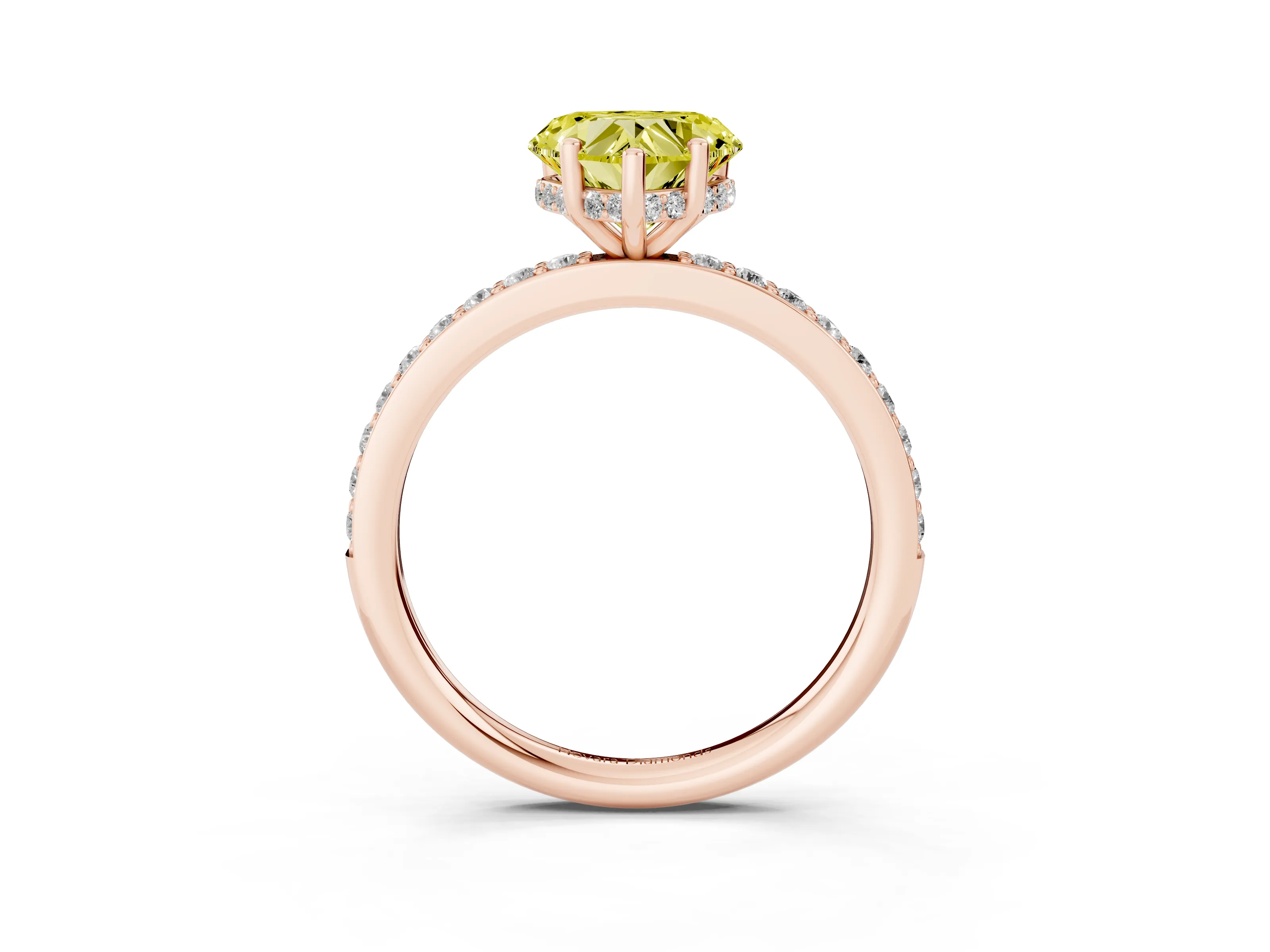 Fancy Yellow Heart Cut Diamond Pavé Band Ring Set in Rose gold with Prong-Set Center Stone