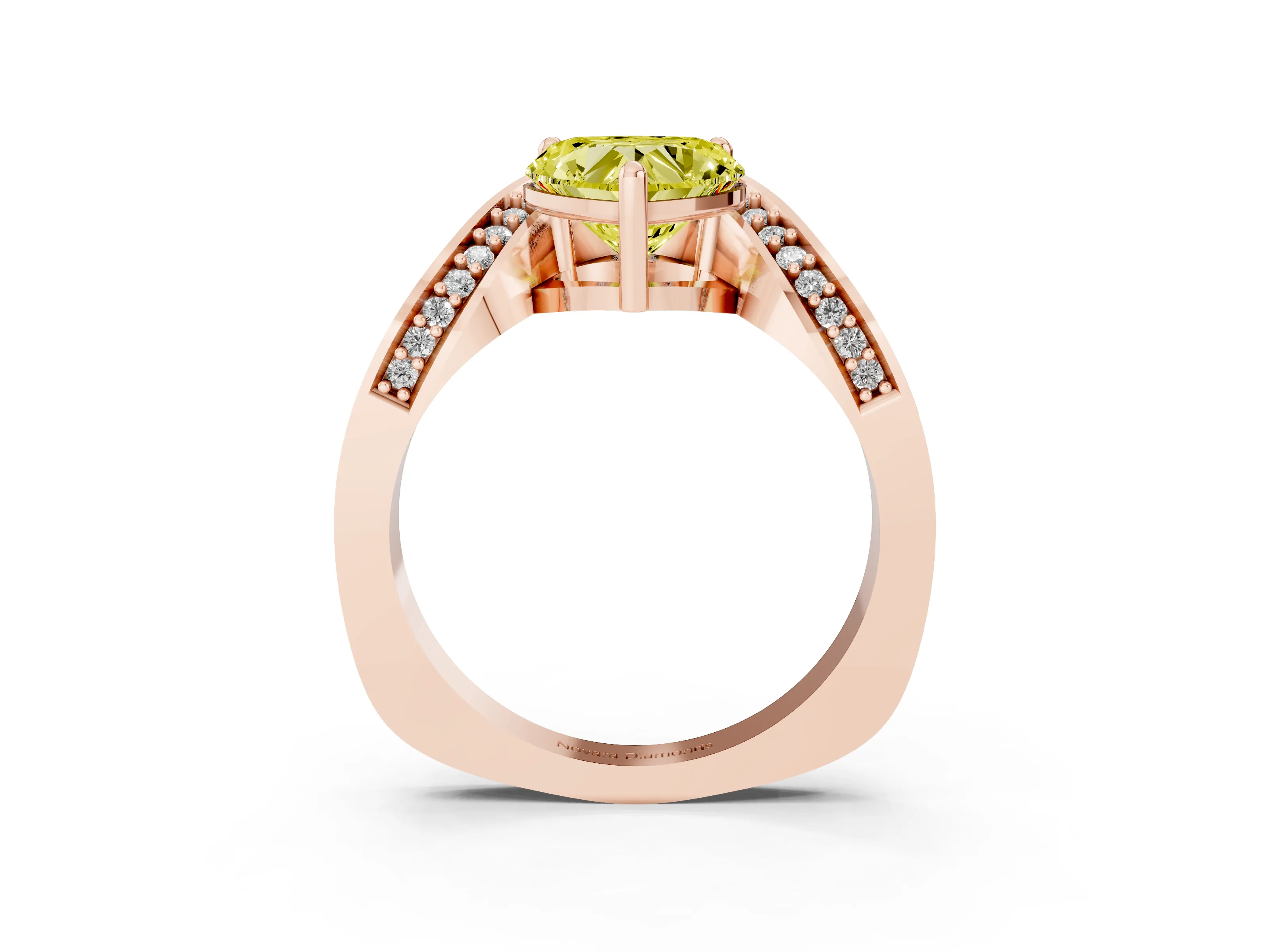 Fancy Yellow Heart Cut Diamond Solitaire Engagement Ring Set in Rose gold with Pavé Shoulders