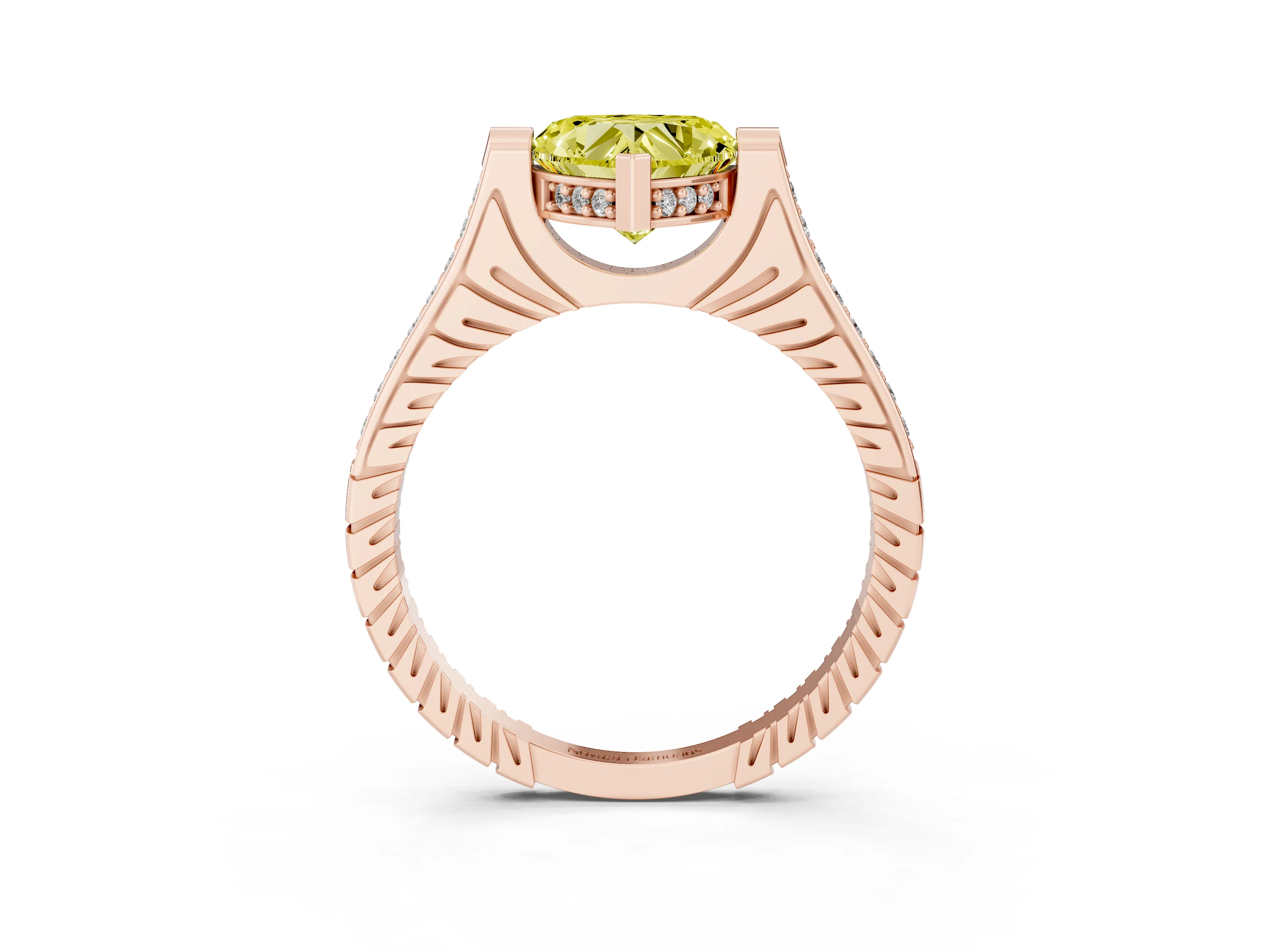 Fancy Yellow Heart Cut Diamond Solitaire Ring Set in Rose gold with Channel Set Band and Bezel Prong Setting