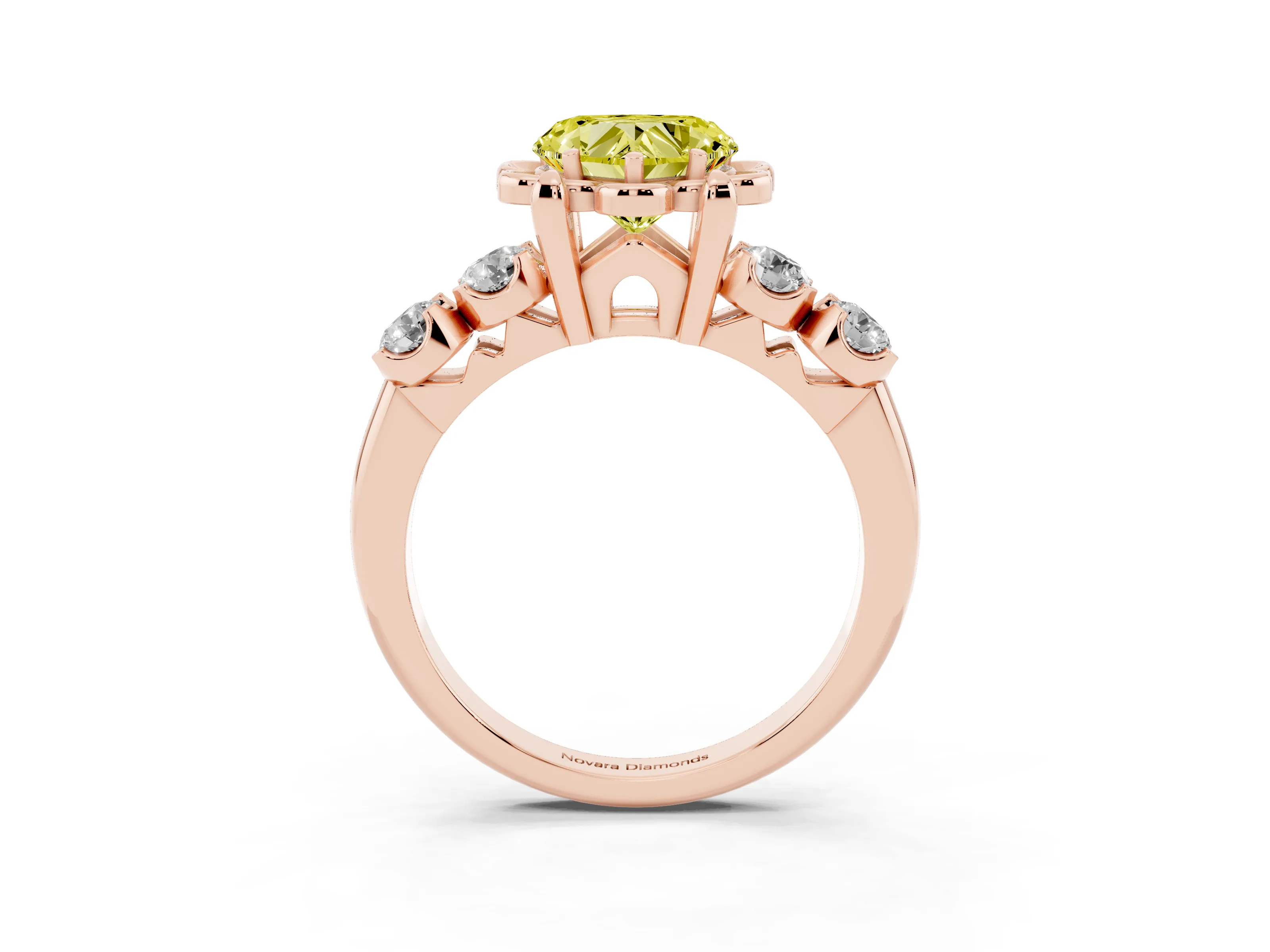 Fancy Yellow Heart Cut Diamond Floral Halo Ring Set in Rose gold with Shared Prong Band